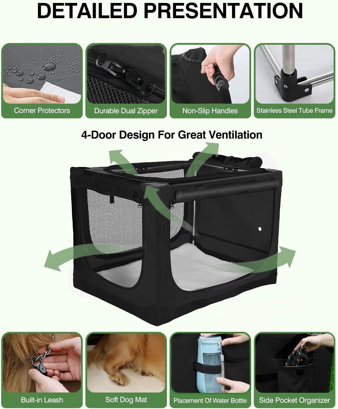 24 Inch Collapsible Travel Dog Crate for Medium Large Dogs, Portable Dog Crate 4-Door Foldable Soft Kennel with Durable Mesh Windows for Indoor & Outdoor Travel, with Storage Bag,Black