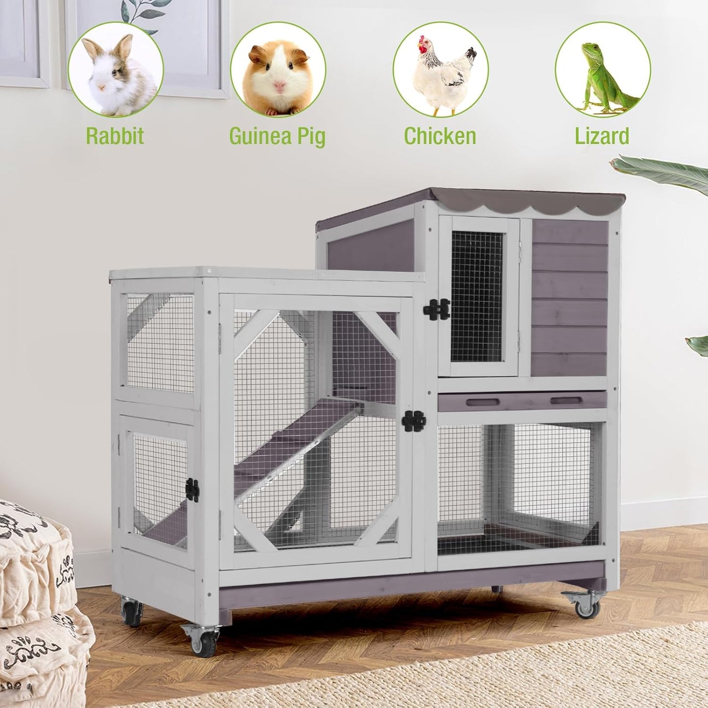 GUTINNEEN Rabbit Hutch Indoor Outdoor 2 Story Bunny House on Wheels Wood Rabbit Cage with 2 Pull Out Trays Guinea Pig Cage (Gray)
