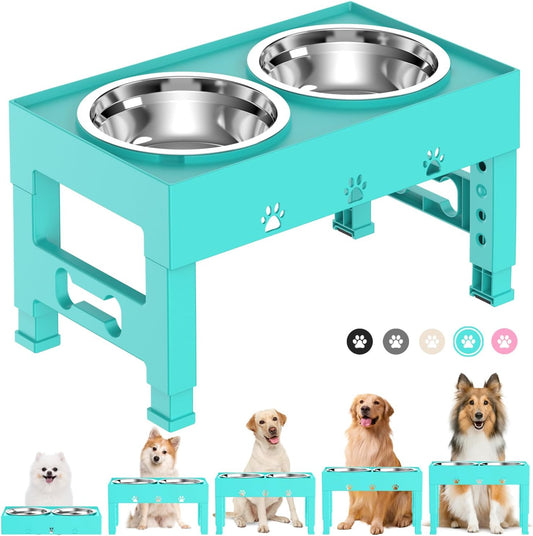 Elevated Dog Bowls with 2 Stainless Steel Bowls, Raised Dog Food Bowl Stand 5 Height Adjustable (3.1", 9", 10", 11", 12") Non-Slip Feeder Set for Medium and Large Dogs - Turquoise