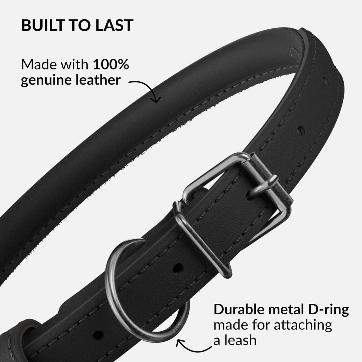 CollarDirect Rolled Leather Dog Collar, Soft Padded Round Puppy Collar, Handmade Genuine Leather Collar Dog Small Large Cat Collars 13 Colors (11-14 Inch, Black Smooth)