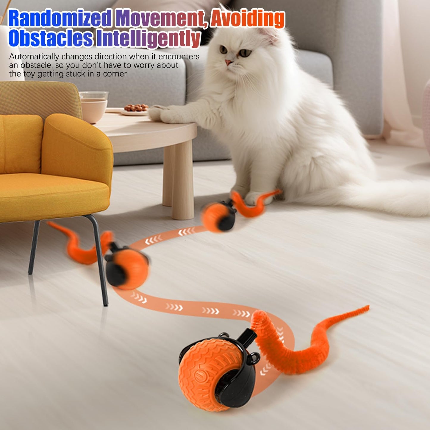 2PCS Interactive Cat Toy for Indoor Cats, Speedy Ball with Tail, Automatic Moving Cat Balls for Bored Indoor Adult Cats, Two Speed Adjustment,360°Automatic Rolling Ball Toy (Blue+Orange)