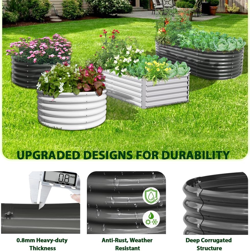 A ANLEOLIFE 8X4X1.5 ft Galvanized Raised Garden Beds Outdoor, Oval Large Metal Planter Box for Planting Vegetables Flowers Herb, Anti-Rust & Easy-Setup, Quartz Grey