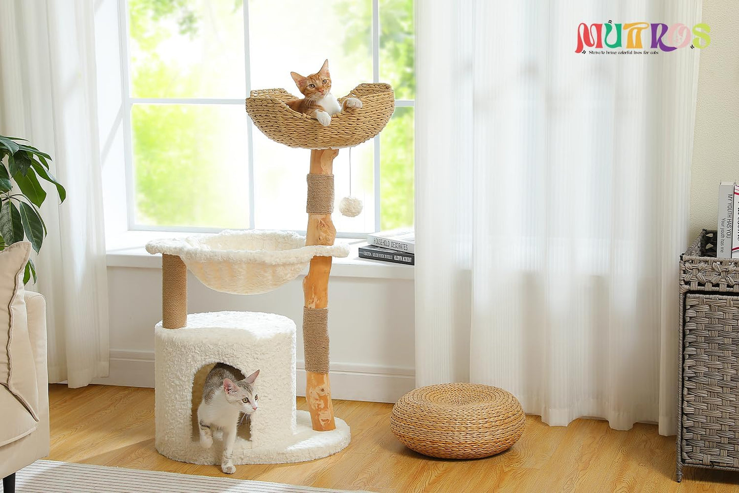 Modern Cat Tree for Large Cats, Wood Cat Tower for Indoor Cats, Real Branch Luxury Cat Furniture with Super Large Cozy Condo and Hammock & Scratching Post, Top Basket, White