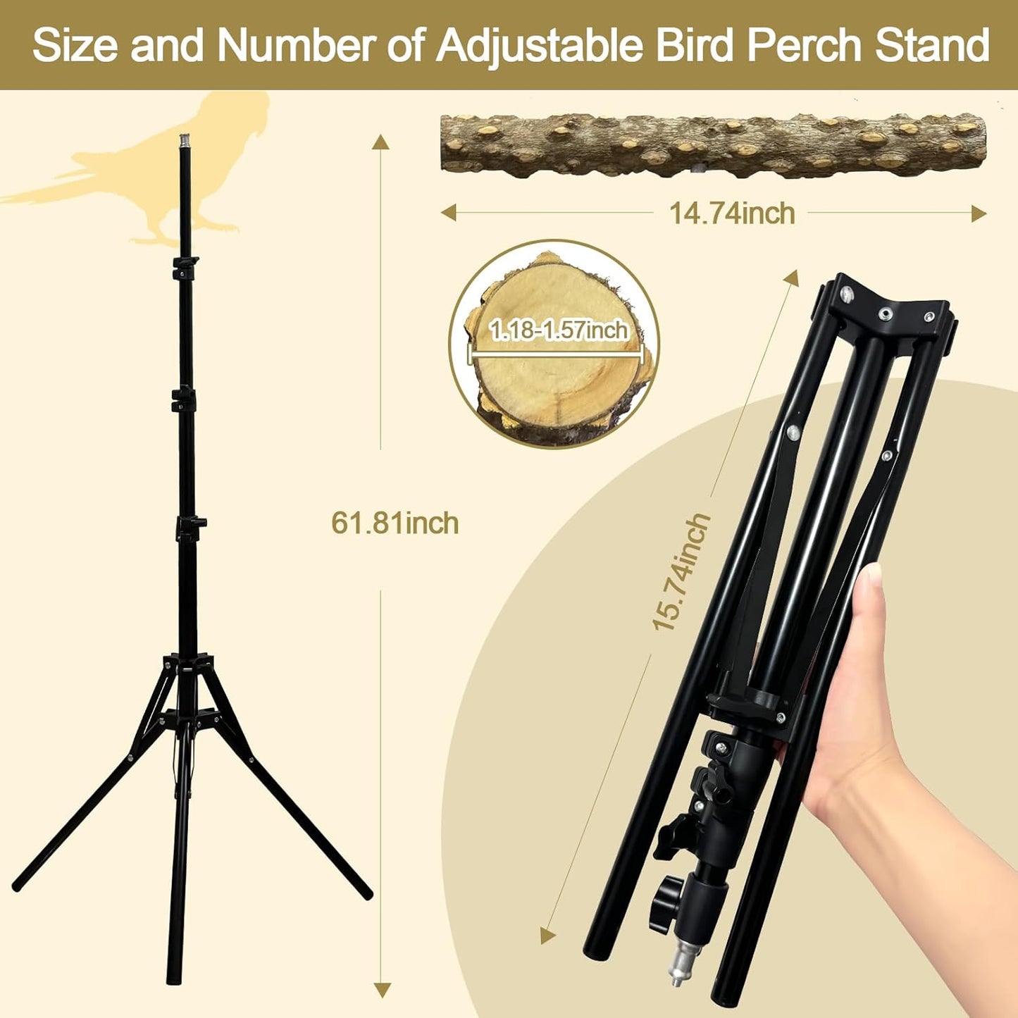 16-63 Inch Height Adjustable Bird Perch Pepper Wood Bird Training Perch Stand Parakeet Perches Indoor and Outdoor Parrot Stands for Small to Medium Bird
