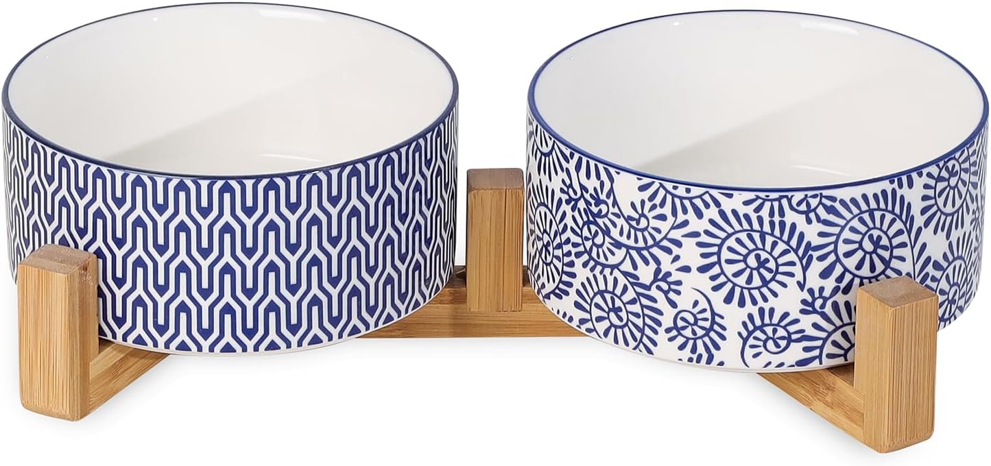 Selamica Ceramic 30 OZ Dog Bowls, Dog Food and Water Bowls with Wooden Stand, Anti-Slip Dog Dishes Set for Cats Small & Medium Sized Dogs, Weighted Pet Bowls Set of 2, Vintage Blue B