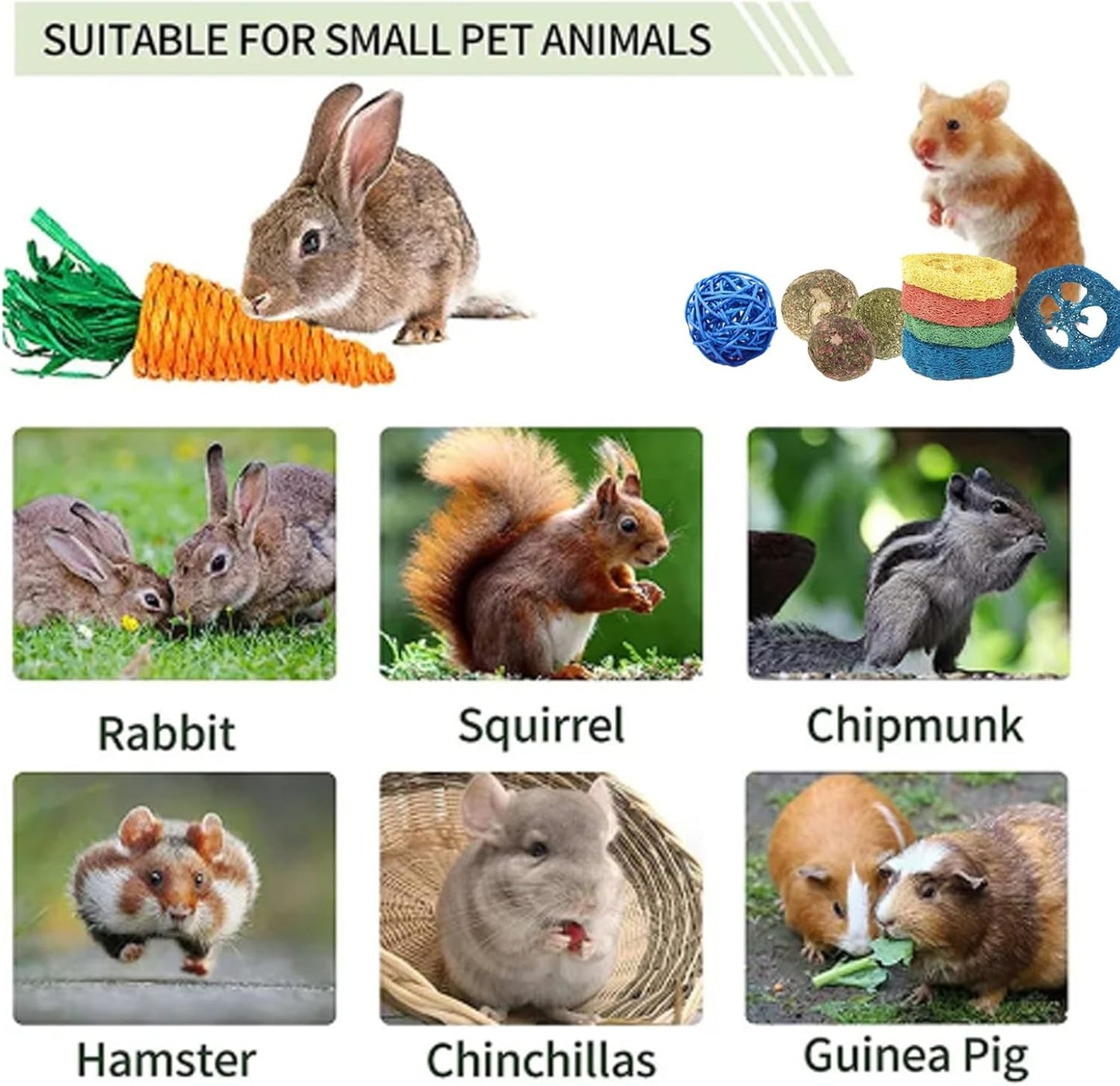 Grddaef 18 PCS Bunny Toys, Rabbit Toys Guinea Pig Toy Natural Apple Wood Grass Timothy Sticks Chew and Treat for Guinea Pigs Hamster Chinchillas