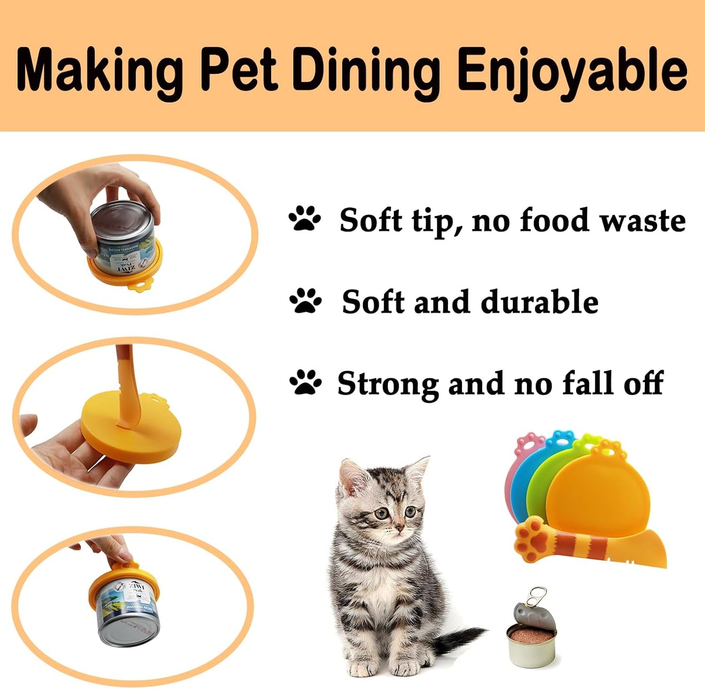 Food Can Spoon & Lids, One Multi-Functional Opener Spatula, 4 PCS BPA Free Silicone Universal Can Covers, Cute Paw Shape Spoon for Cat Dog Wet Food (Orange)