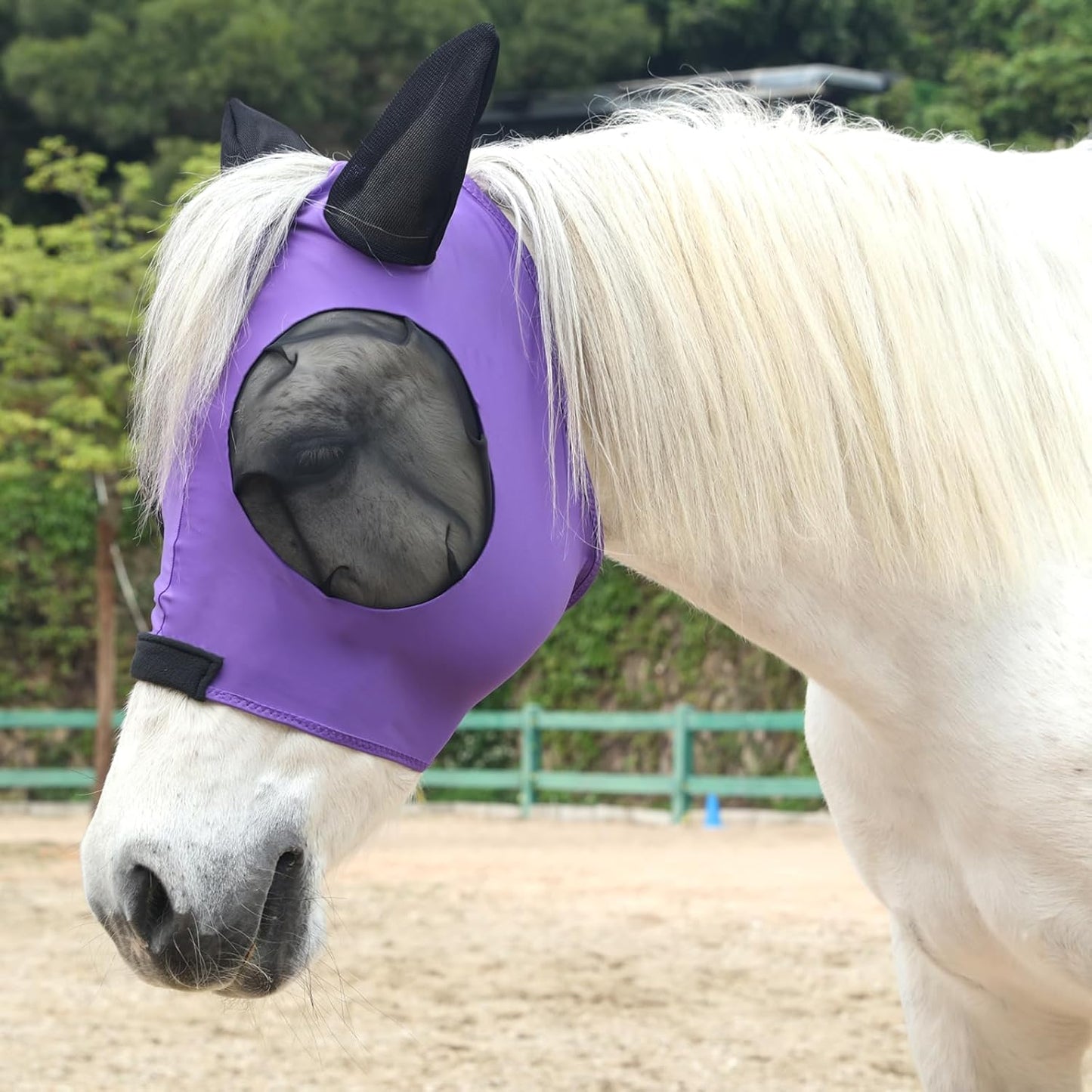 Horse Fly Mask with Ears - Large Eye Space for Full Vision, Breathable Stretch Comfort Fit, UV Protection, Forelock Opening, Easy Pull-On Violet Cob