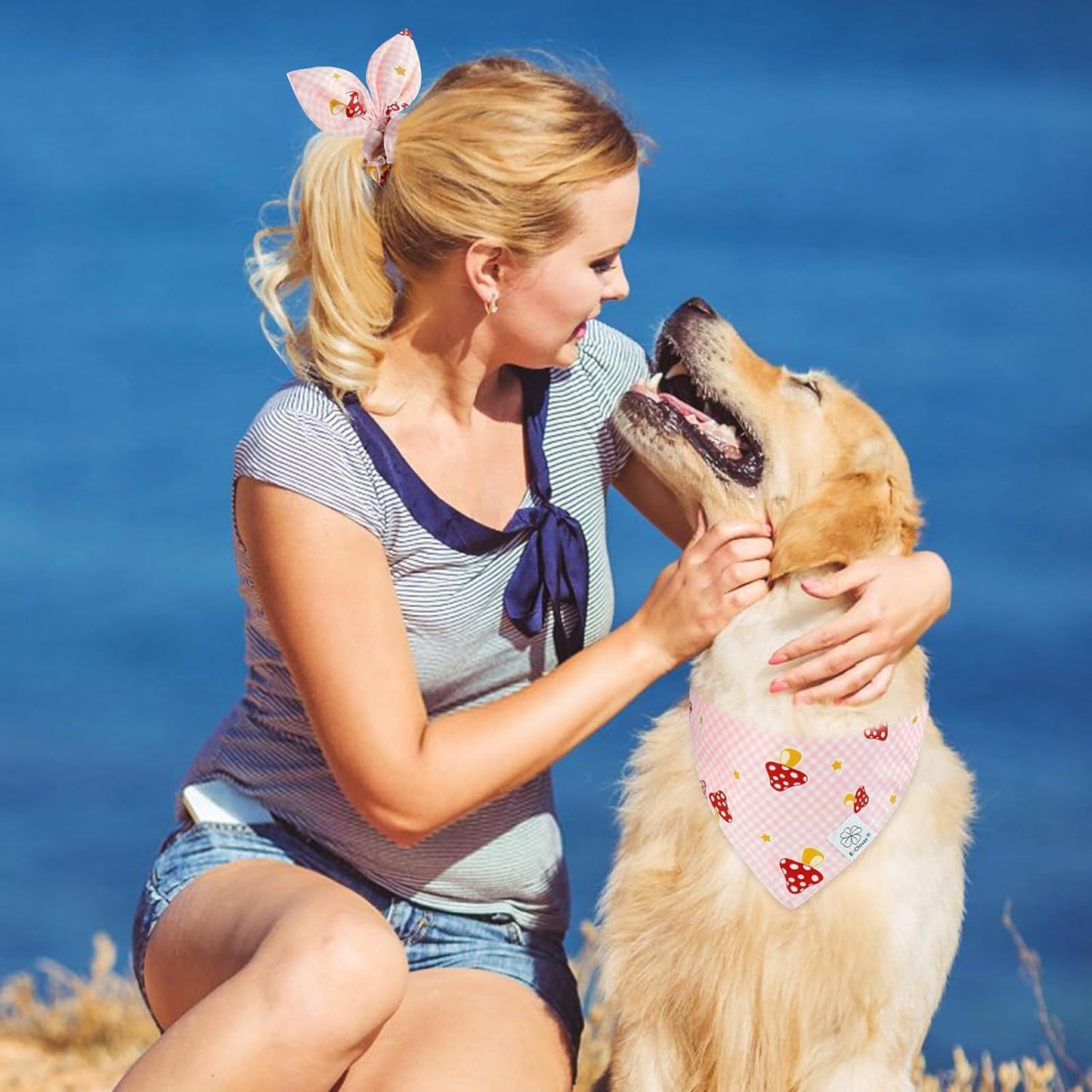 E-Clover Pink Buffalo Plaid Dog Bandanas & Matching Scrunchie Set Girl Cute Dog Scarf Bibs Pet Bandana with Bow Tie for Small Dogs Puppy Owner Mom