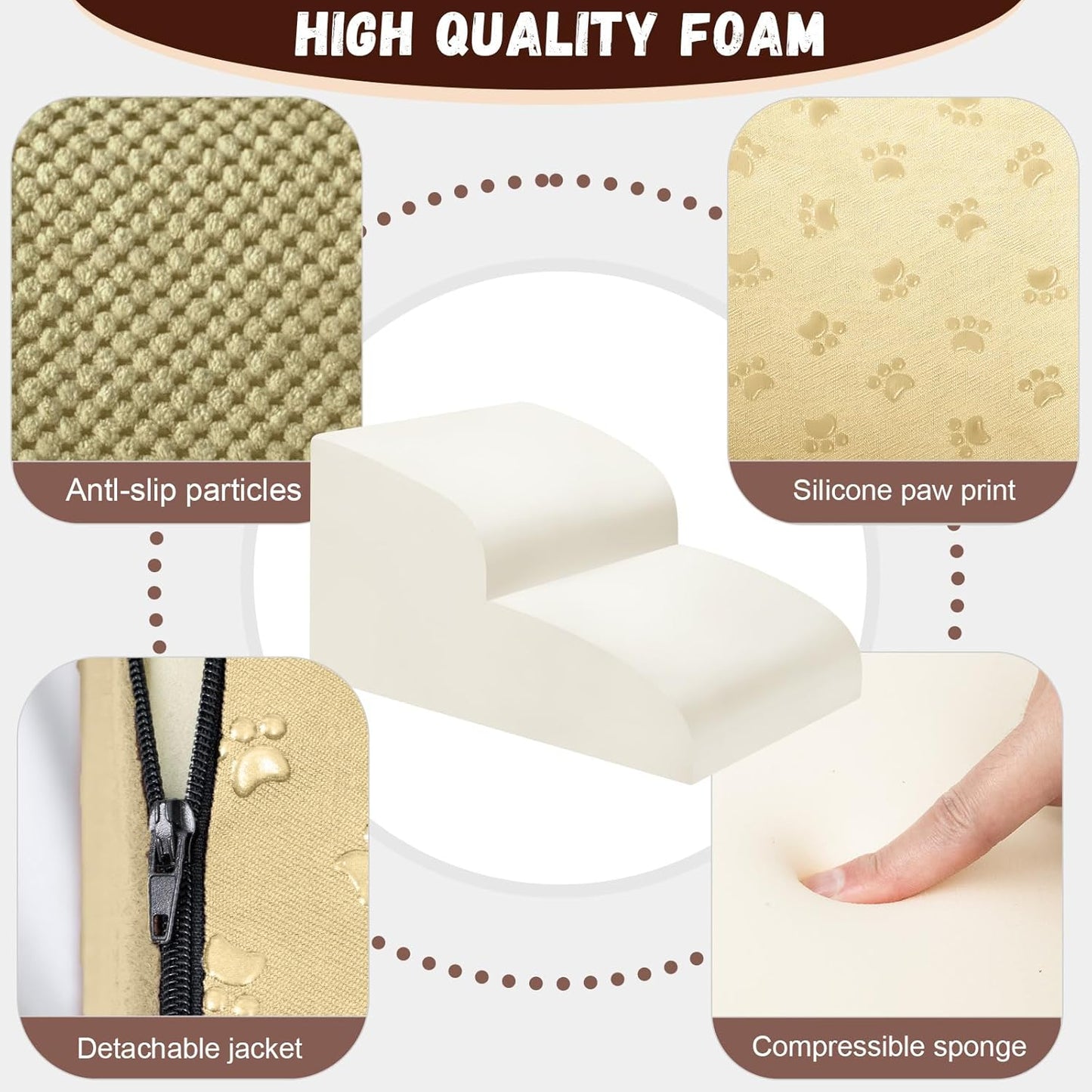 Dog Stairs for Small Dogs - High Density Foam Pet Steps, Extra Wide Dog Ramp with Non-Slip Bottom for High Beds, Couch and Sofa, Best for Dogs Injured, Older Doggy Cats,2 Steps, Camel