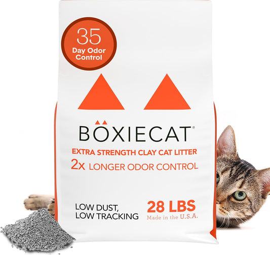 Boxie® Extra Strength 35 Day Odour Control Clumping Clay Cat & Kitty Litter 28lb, 99.9% Dust-Free, Probiotic Formula, Long-Lasting, Veterinarian Approved, Easy Scooping for Multi-Cat Homes