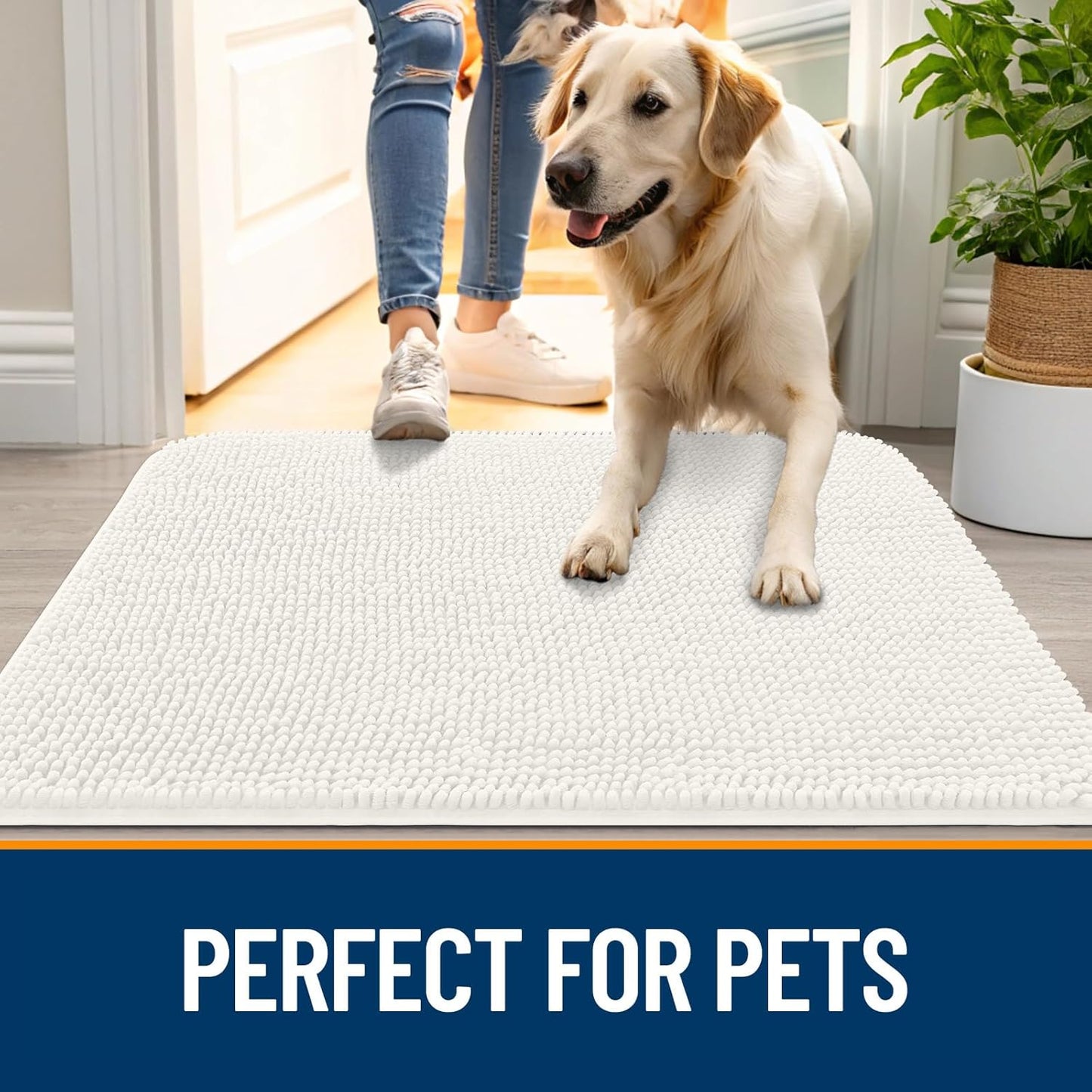 OLANLY Dog Door Mat for Muddy Paws 24x16, Absorbs Moisture and Dirt, Absorbent Non-Slip Washable Doormat, Quick Dry Chenille Mud Mat for Dogs, Entry Indoor Entryway Carpet for Inside Floor, Ivory