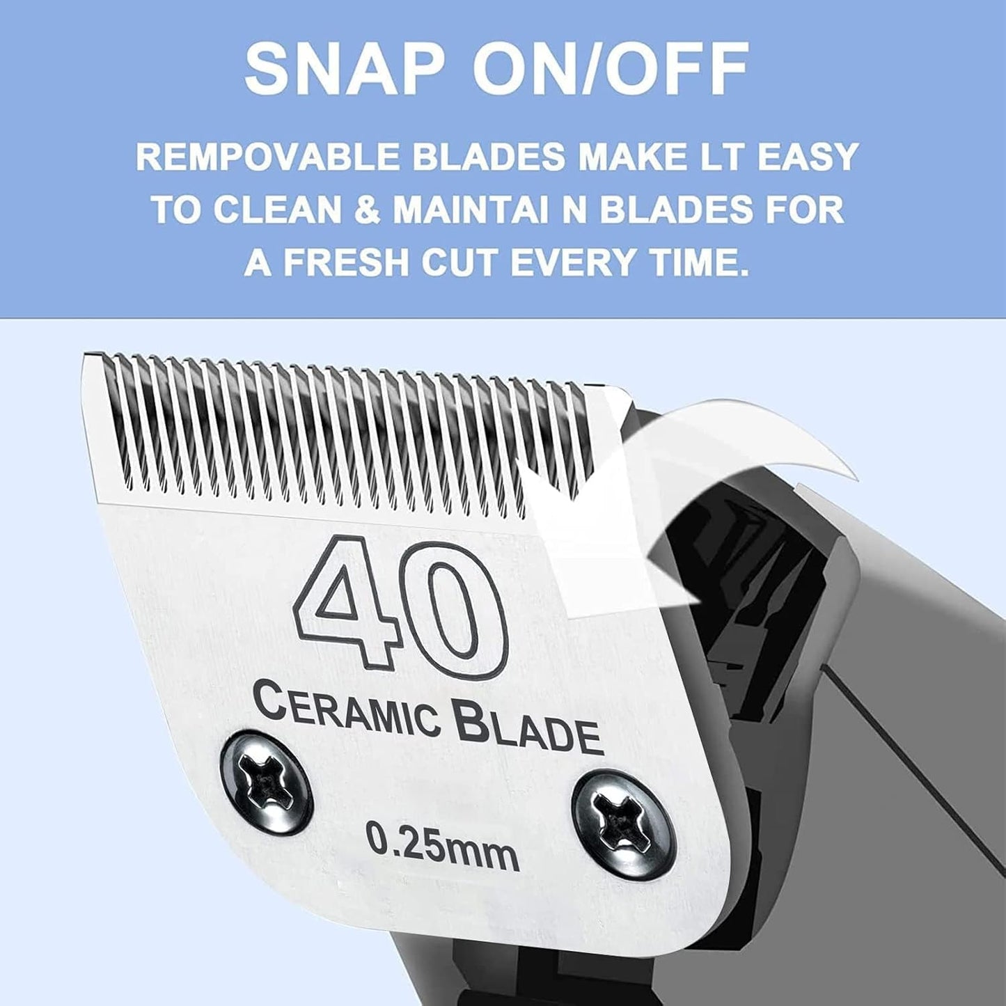 Audoc 3Pcs 40 Blade Dog Grooming Clipper Replacement Blades Compatible with Wahl/Oster Dog Clippers,Detachable Ceramic Blade & Stainless Steel Blade,Size 40 Cut Length 1/100"(0.25mm)