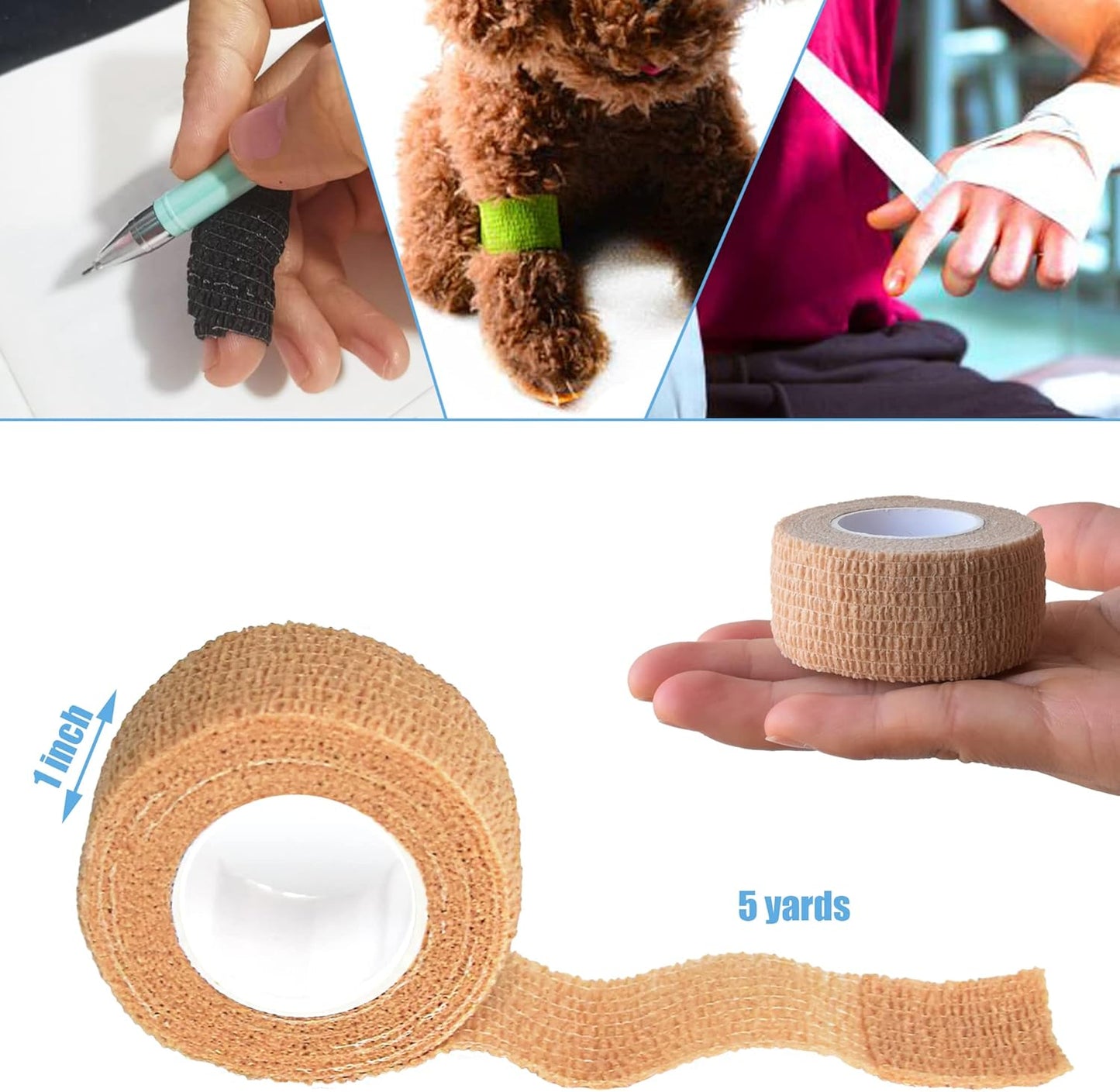 9 Pack 1" x 5 Yards Self Adhesive Bandage Wrap Self Stick Wrap for Ankle, Wrist, Finger, Sports, Breathable Cohesive Vet Tape for Pets (Skin Color)