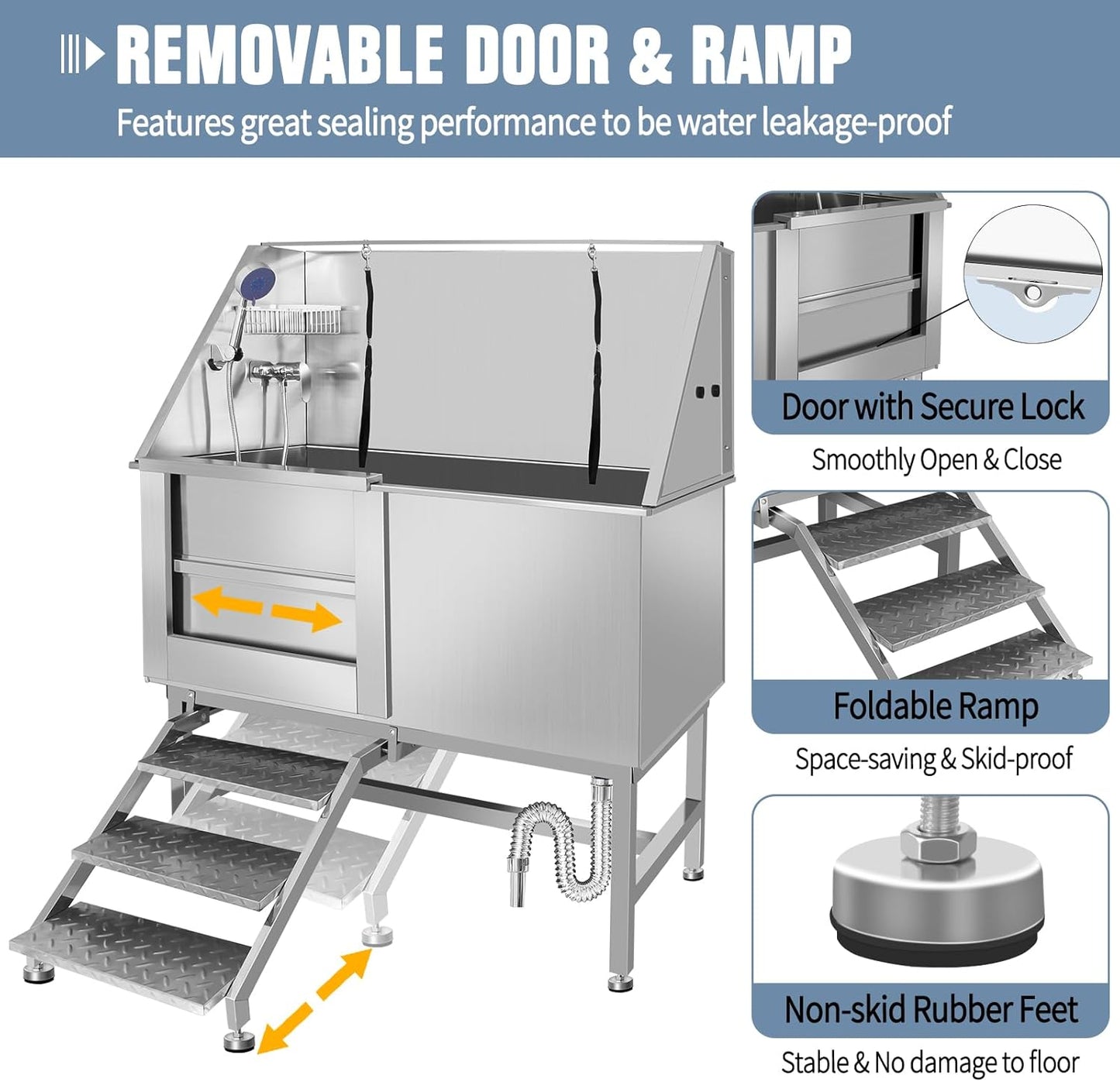 50" Dog Bathing Station, Professional Dog Washing Station Stainless Steel Dog Grooming Tub for Home,Equipped with Three Anti-Slip Steps, Removable Door, Pet Wash Station for Pet (50" Left ramp)