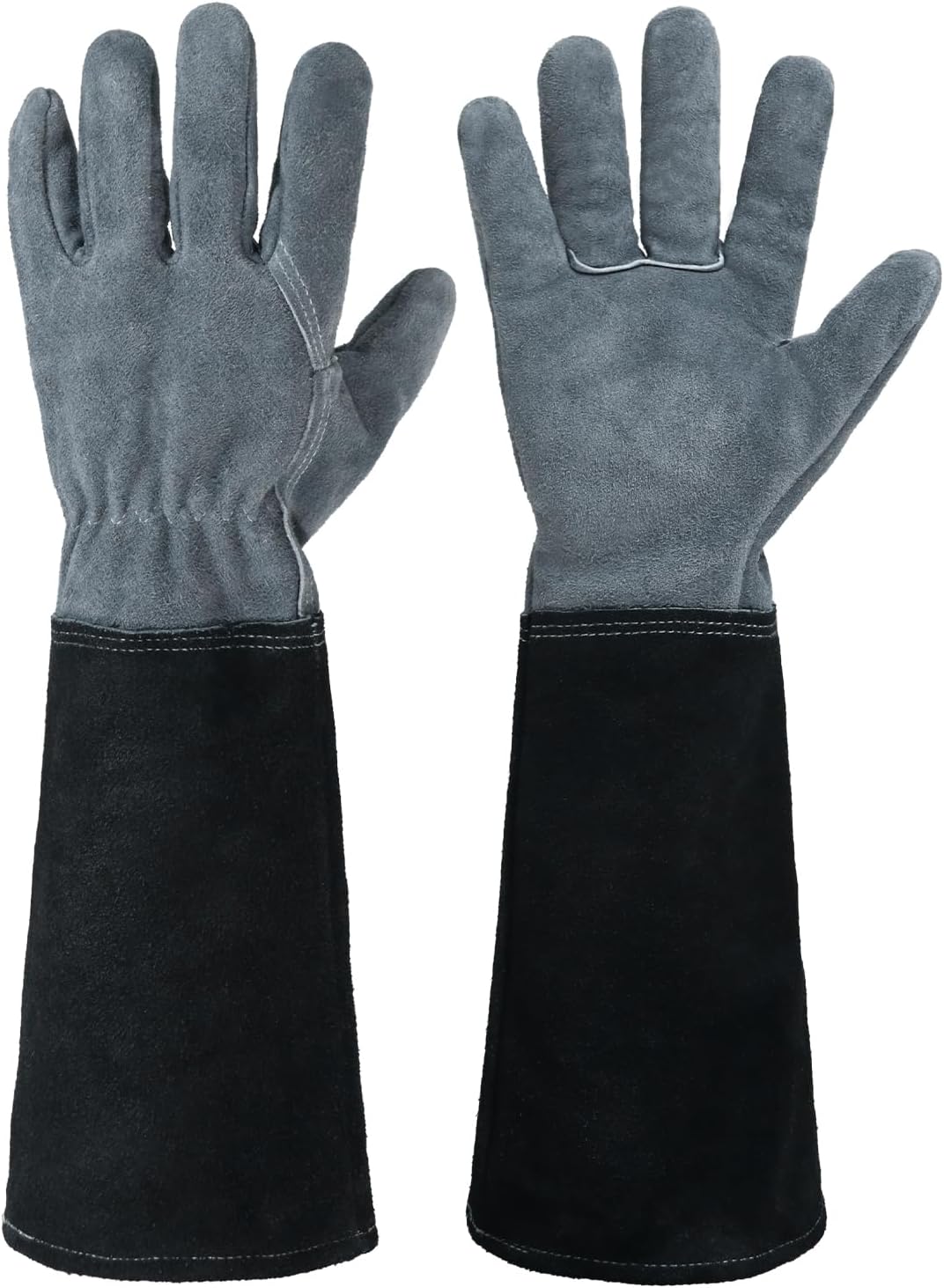 HANDLANDY Long Gardening Gloves for Men & Women, Cowhide Leather Rose Pruning Gloves, Breathable Thorn Proof Gauntlet Glove (Dark Grey-Black, XL)