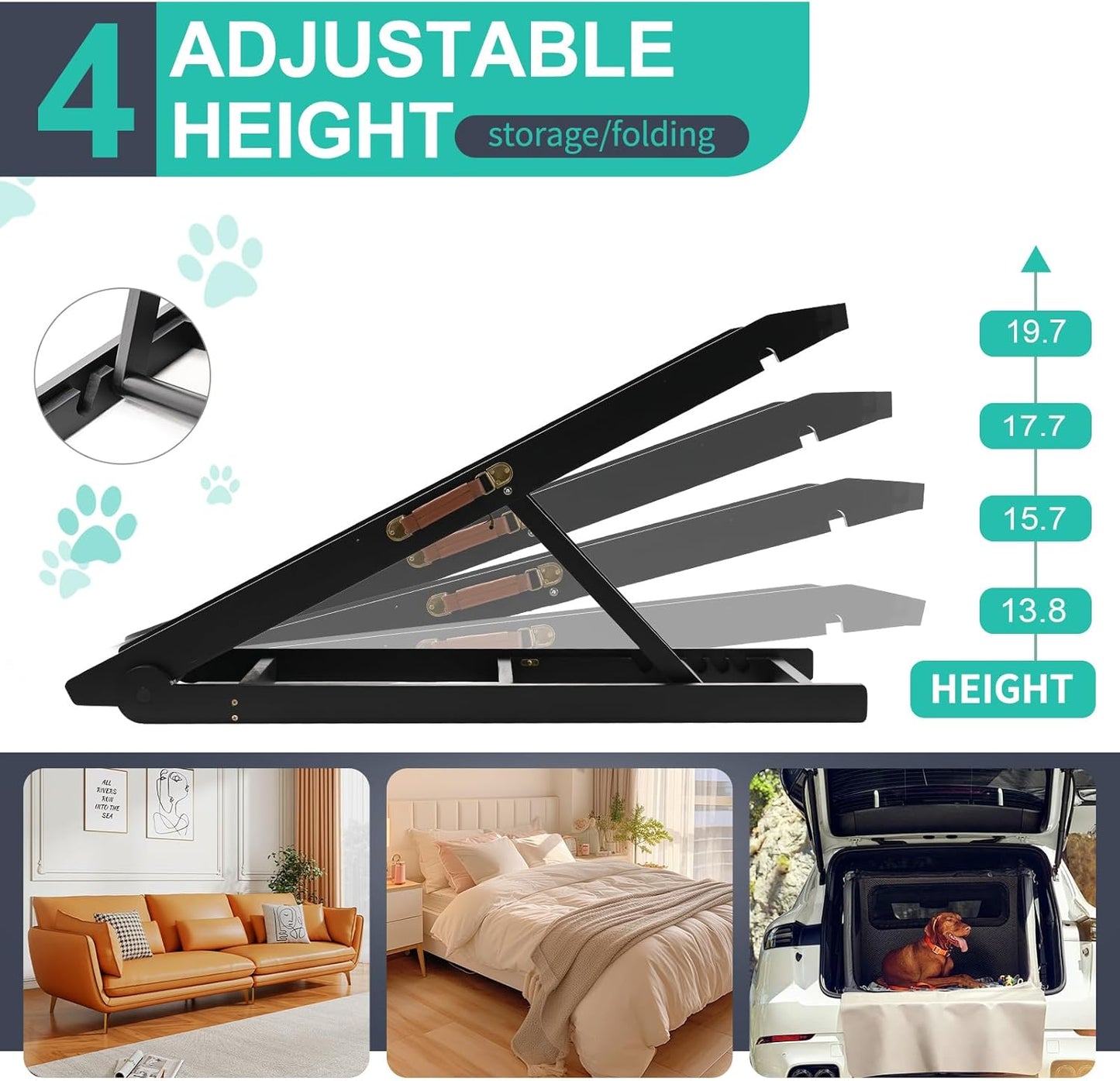 Dog Ramp, Adjustable Height Wooden Folding Pet Ramp for Bed, Couch,SUV-High Traction, Portable Paw Ramps for Small & Large Old Dogs & Cats - Furniture Quality