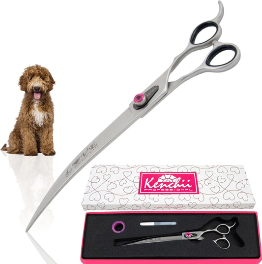 Kenchii Love Left Handed Dog Grooming Scissors, 9 Inch Curved Shears, Dog Scissors for Grooming, Professional Pet Grooming Scissors, Ergonomic & Comfortable