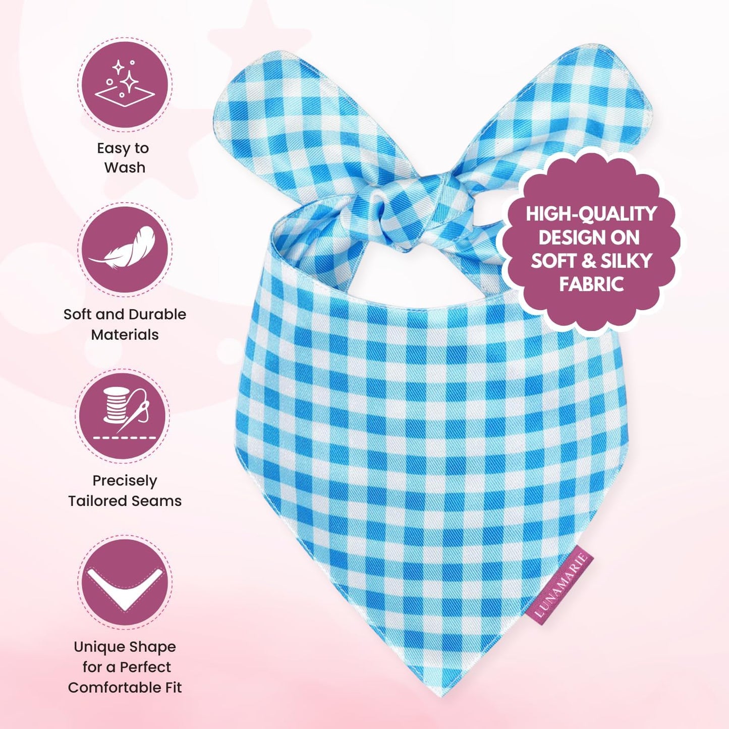 LunaMarie - Luxury Pet Birthday Bandanas -Premium & Silky Poly Fabric | 100% Handmade | Custom Shape Dual Layered (Blue Checkers, Large)