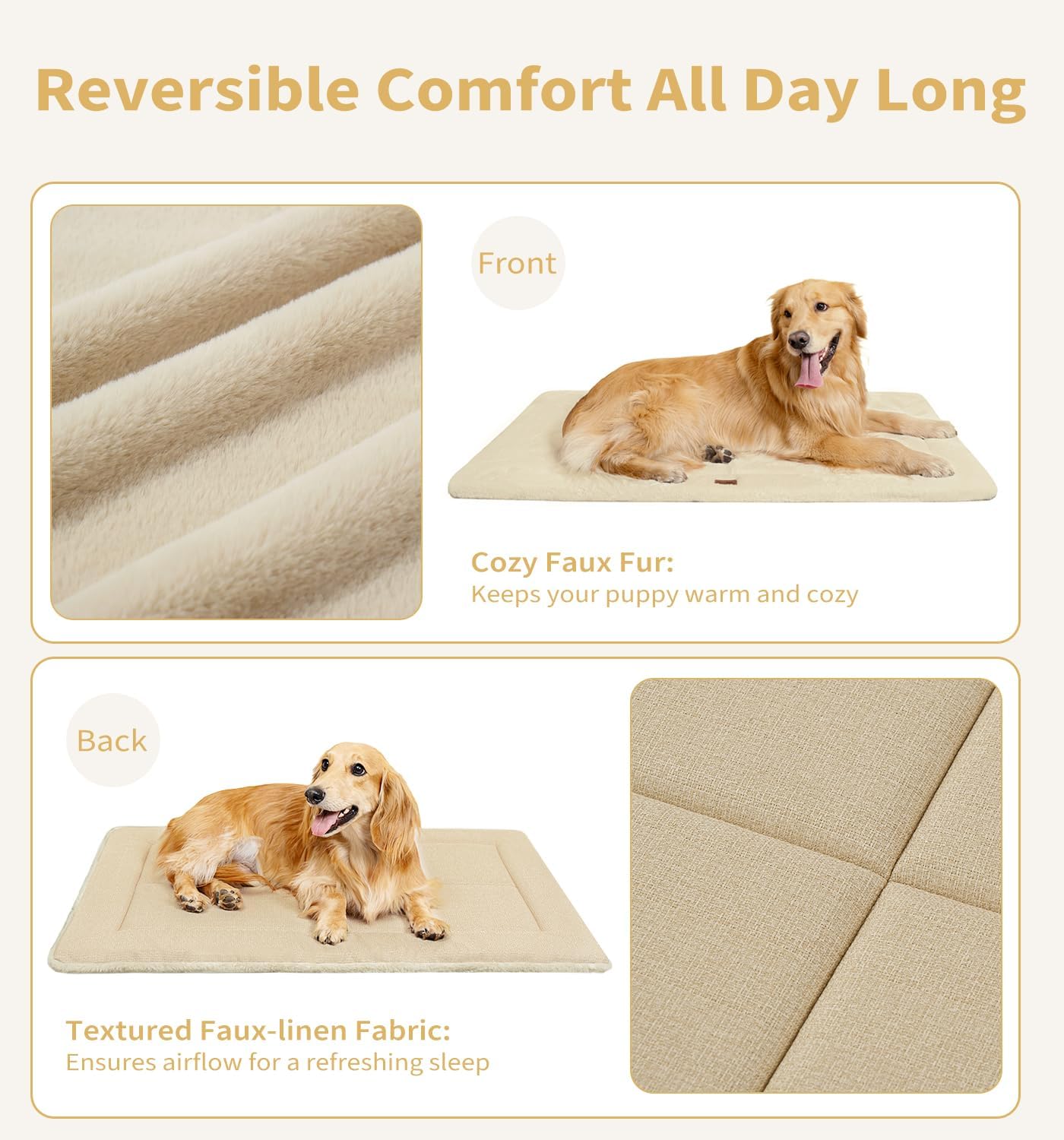 MADE 4 PETS Dog Crate Pad Bed for Small Dogs, Washable & Reversible, Anti-Slip Kennel Mat for Cozy Sleeping, Soft Fluffy Dog Bed for Indoor & Outdoor Use, 24"x18", Beige
