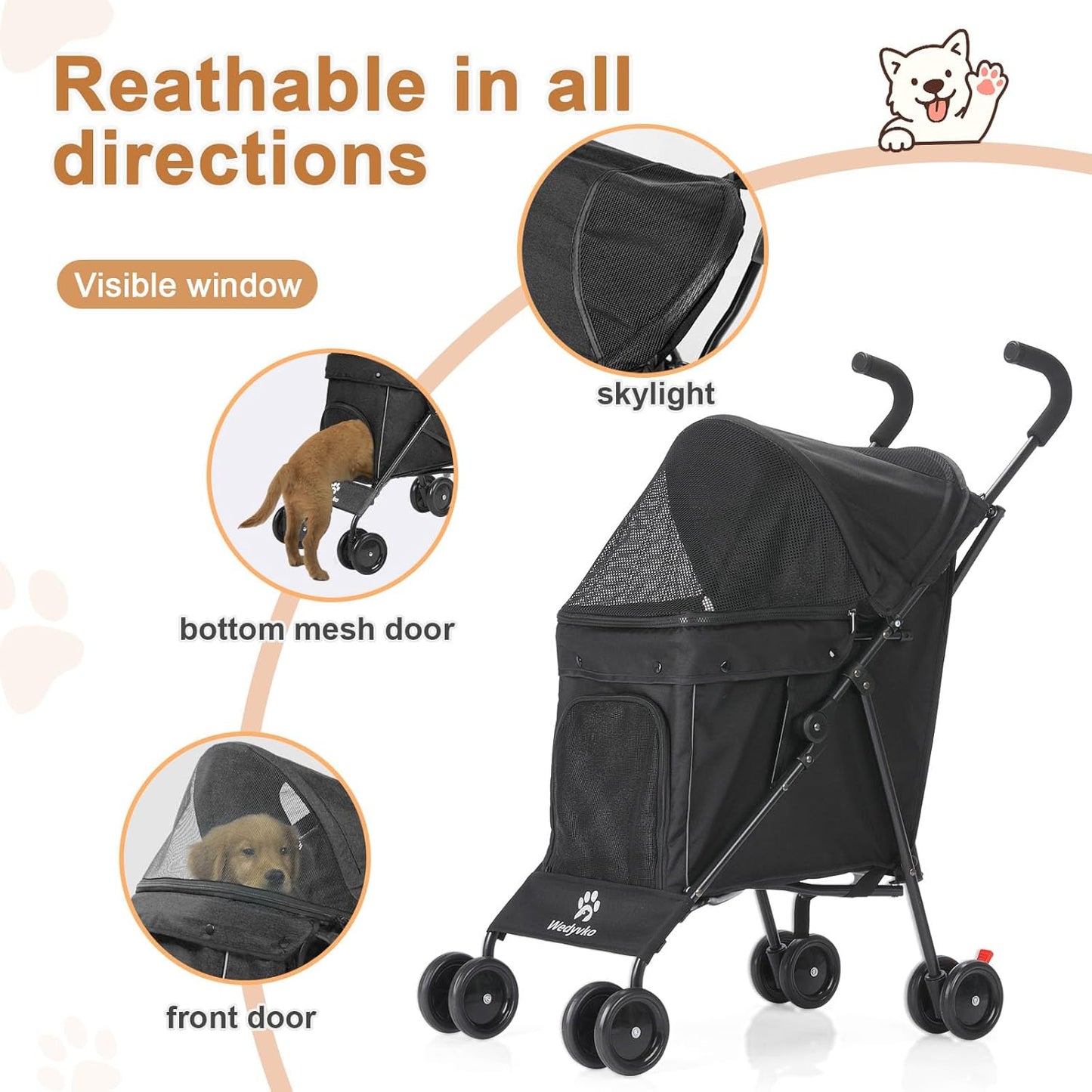 Wedyvko Travel Portable Dog Stroller, Pet Stroller for Small Puppy Dogs & Cats, Up to 33 lbs, Black