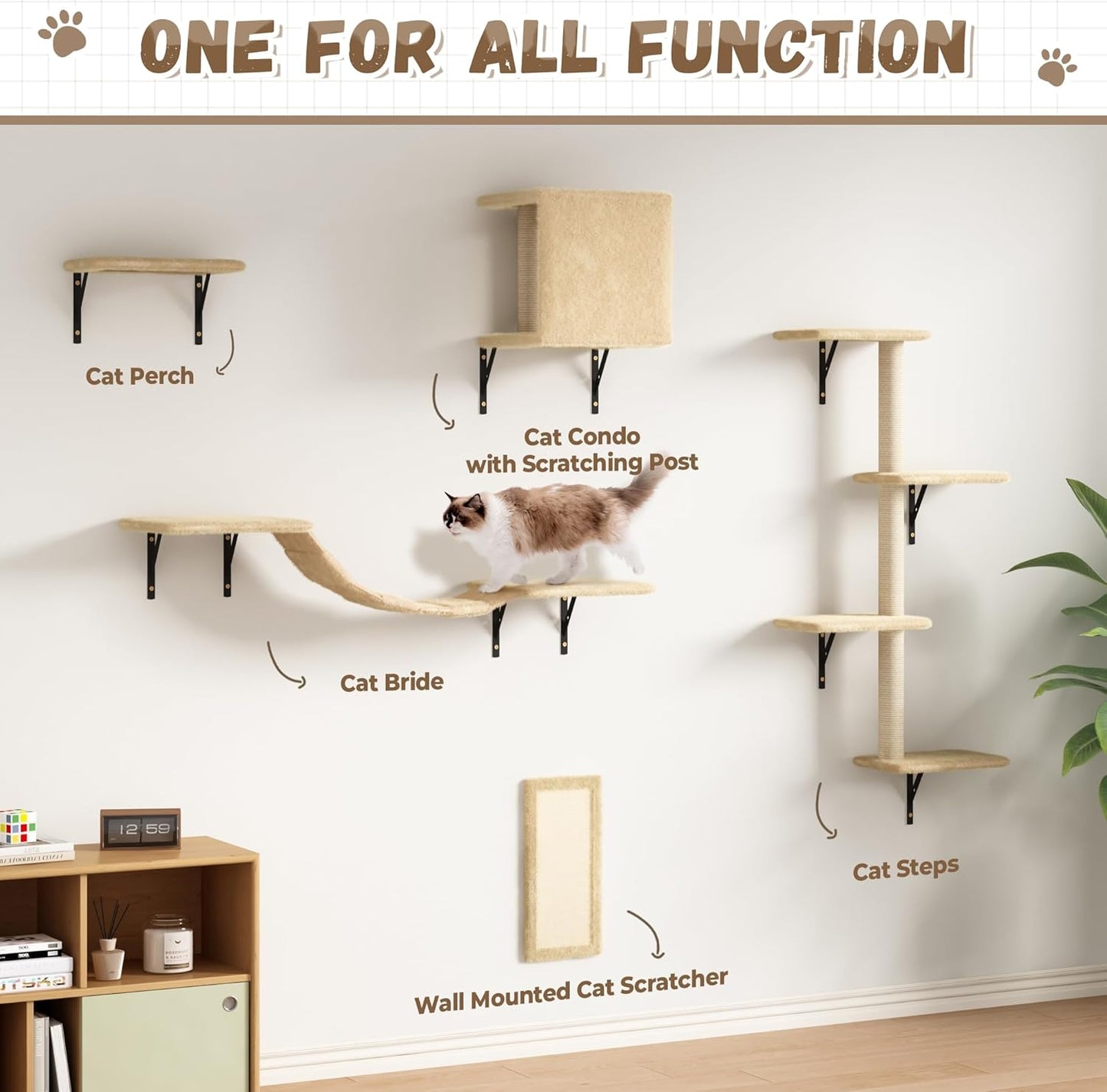 COZIWOW Wall Mounted Cat Furniture, Cat Wall Shelves and Perches, Floating Cat Shelves for Wall Set of 5(Beige)