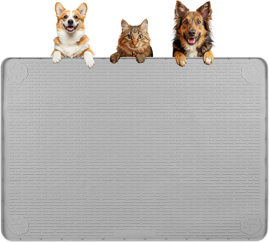 Dog Food Mat, Extra Large 40" x 28" Silicone Pet Feeding Mat for Small, Medium, and Large Pets Non-Slip, Easy to Clean, Gray