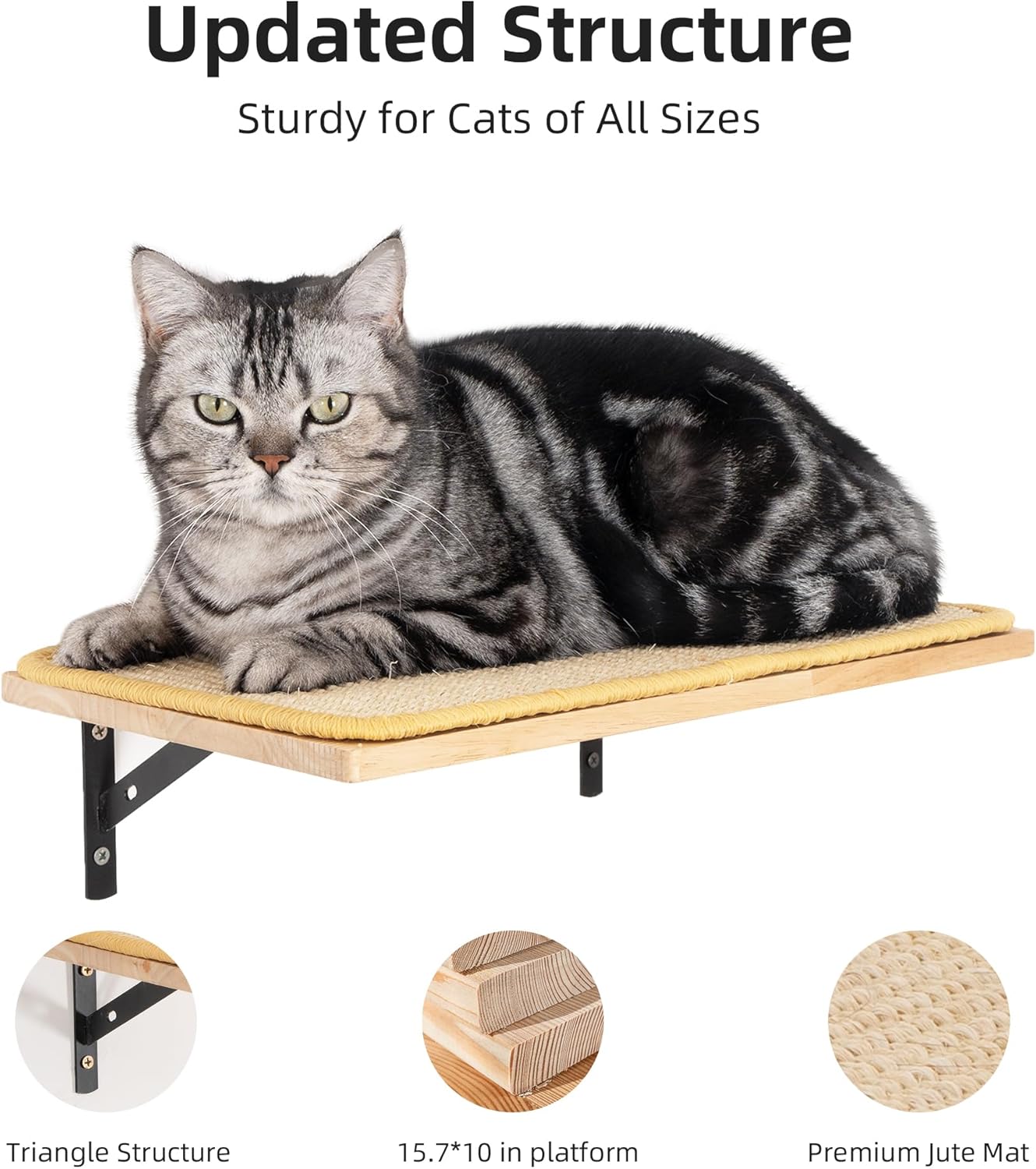 Meowoou Cat Wall Shelf with Sisal Mat, Wall Mounted Rubber Wood Cat Wall Furniture, Cats Climbing Steps for Wall, Cats Window Perches for Sleeping, Playing and Scratching