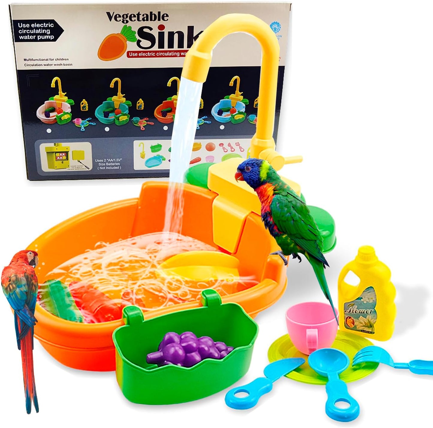 Parrot Bath Shower, Bird Bath for Cage, Automatic Bird Bathtub Pet Bath Pool with Faucet, Bird Fountain Swimming Pool Toy Bath Shower Water Dispenser for Ferret, Love Bird, Goldfinch (Orange)