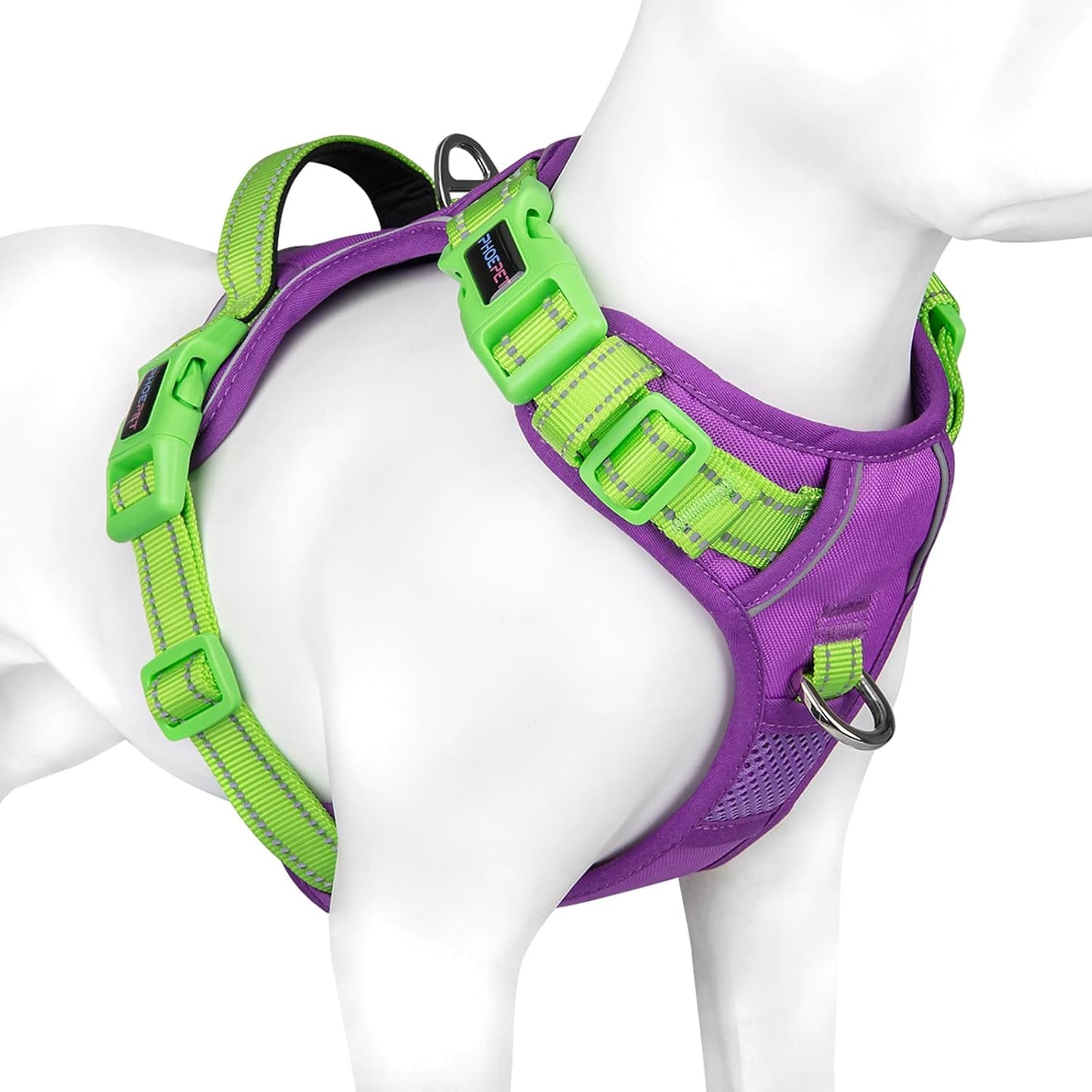 PHOEPET No Pull Dog Harness, Unique Colors Reflective Adjustable Dog Vest, with Soft Training Handle Metal Clips for Small Medium Large Dogs (Purple Base & Green Straps,S)