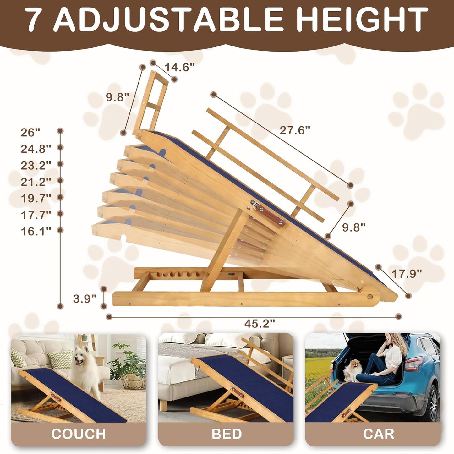 Dog Ramp for Beds, Cars, Couches, Dog Steps Anti-Slip Surface, Dogs Ramps for Old Small Pet,High Traction with Platform, 7 Adjustable Heights 16" to 27" Up, Portable Stairs Design for Dogs, 45.3" Long