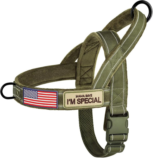 Forestpaw No Pull Dog Harness - Soft Flannel Padded Tactical Dog Vest Harness with Quick Release Buckle, Adjustable Reflective Pet Harness for Medium Dogs Walking Training,Green M