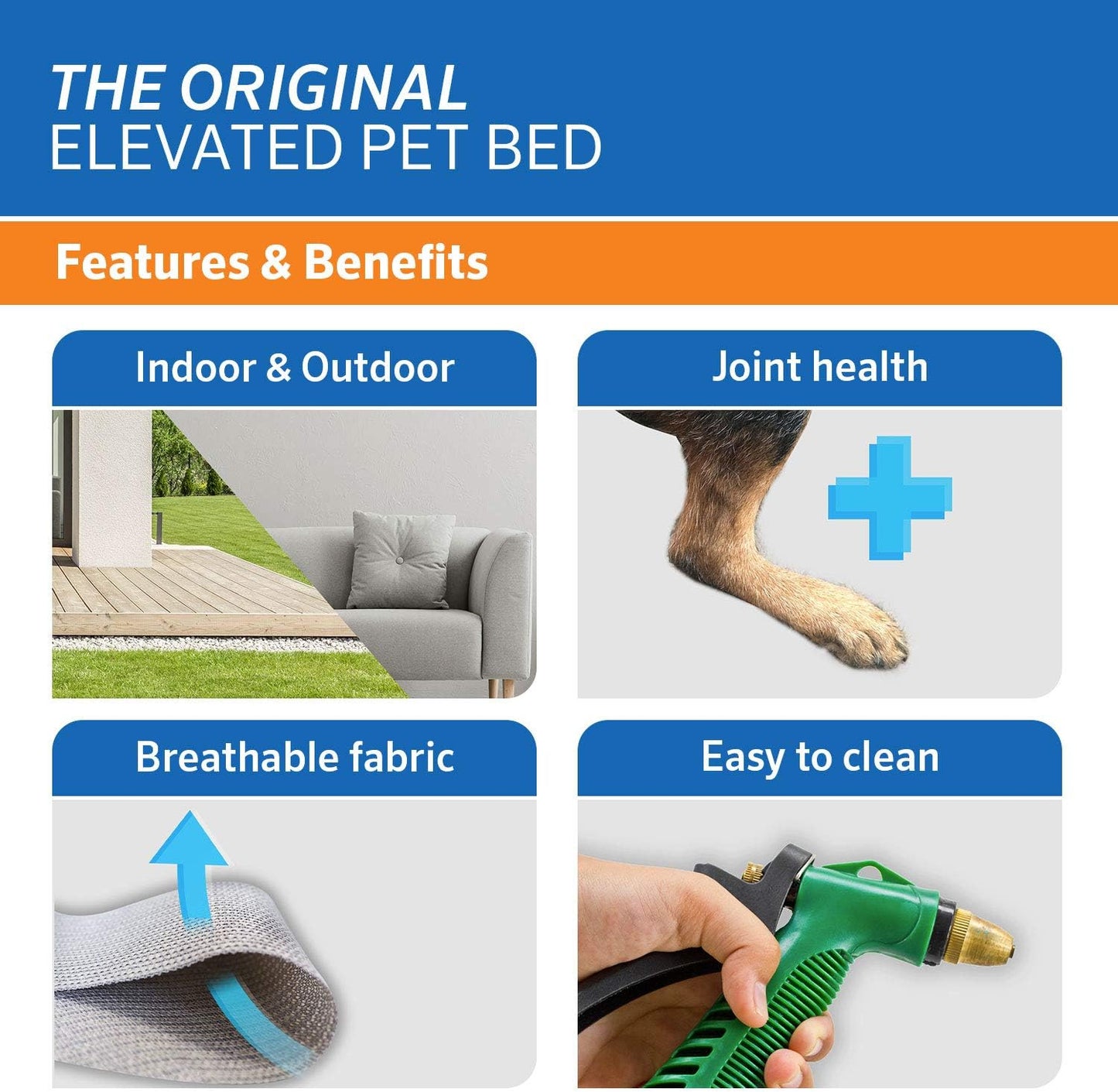 Coolaroo Original Elevated Dog Bed - Breathable Off-The-Ground Pet Bed with Cooling Fabric, Joint Relief & Moisture-Resistant Fabric, 100% Recyclable, Easy Clean, Aquatic Blue, Large