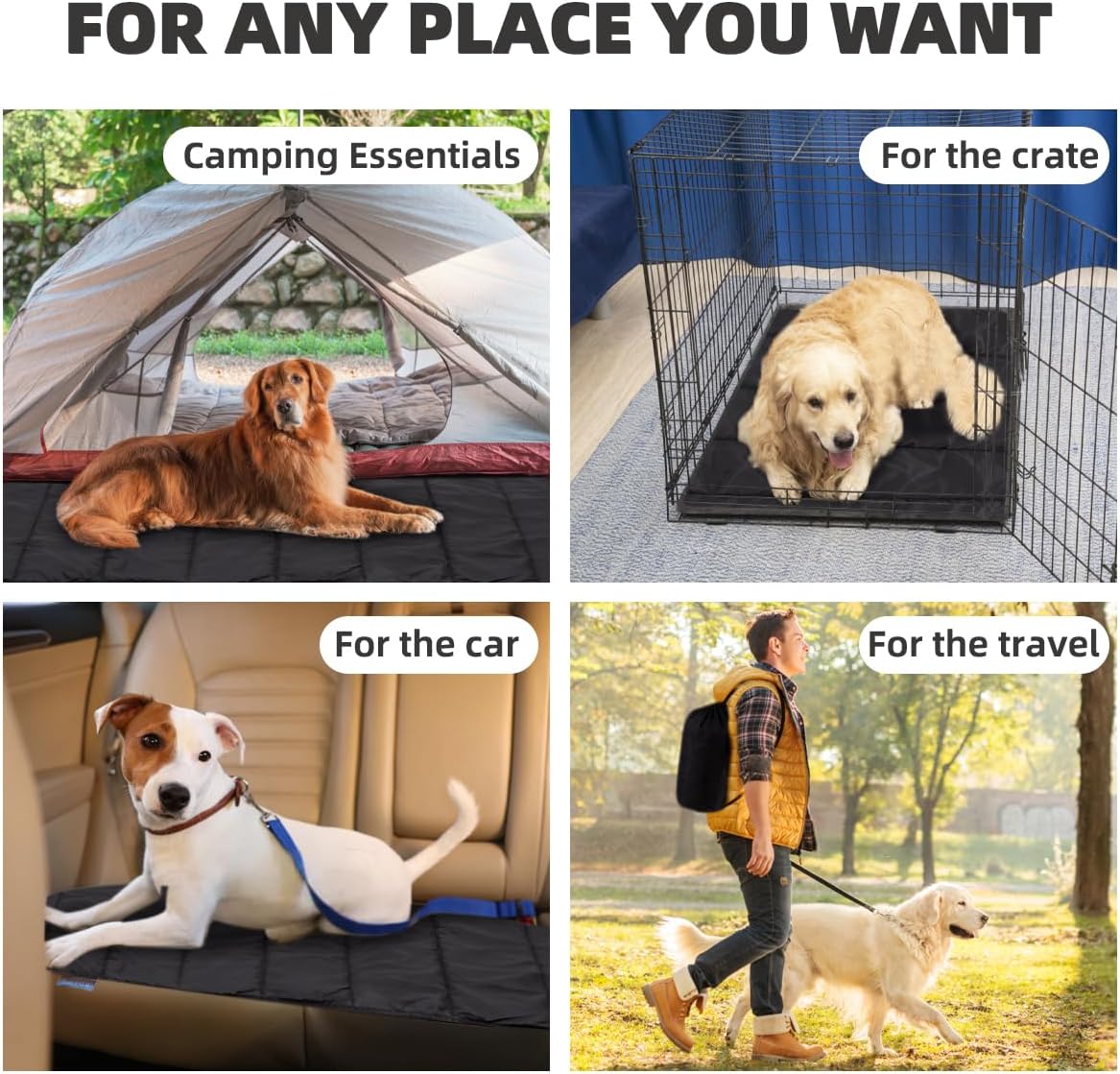 BDEUS 43x25In Large Size Outdoor Dog Bed, Waterproof & Portable Camping Travel Pet Mat, Easy to Clean, Washable Odor Resistant Pet Cooling Pad (Black)