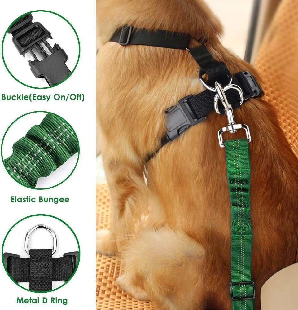 Lukovee Dog Seat Belt - Adjustable Dog Car Harness for Large, Medium & Small Dogs, Soft Padded & Breathable Mesh Dog Seatbelt with Vehicle Connector Strap (Green, Medium)