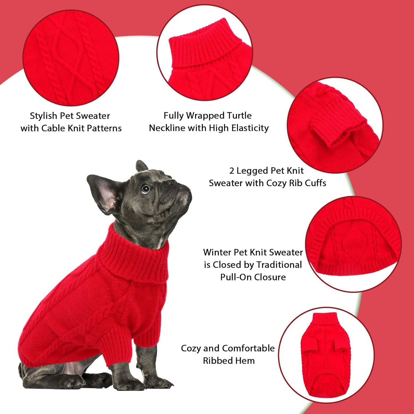 Queenmore Small Dog Pullover Sweater, Cold Weather Cable Knitwear, Classic Turtleneck Thick Warm Clothes for Chihuahua, Bulldog, Dachshund, Pug (Red, Small)
