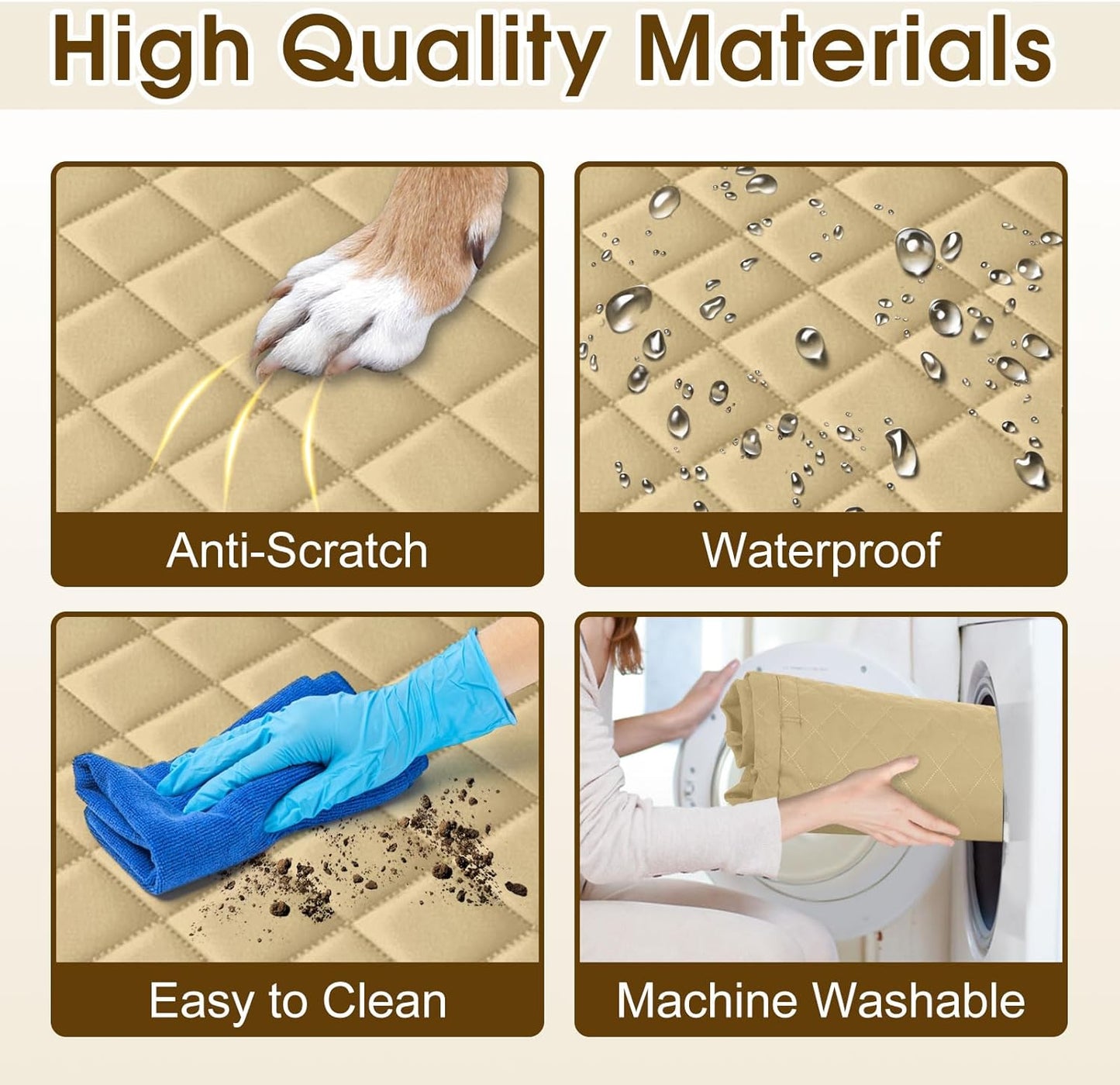 Waterproof Dog Car Seat Cover for Back Seat - Durable, Scratch Proof Pet Hammock with Nonslip Design & Storage Pockets, Fits Cars, SUVs, Trucks - L, Khaki/Black