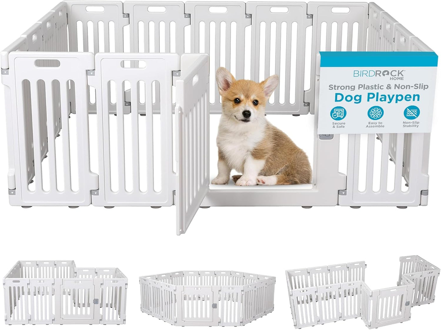 BIRDROCK HOME Dog Playpen w/Door, 16 Panel, 25.6in H | Strong Plastic, Non-Slip Puppy Playpen, Secure Pet Gate | Indoor Outdoor Fence | Configurable Panels | Medium to Large Pets - White