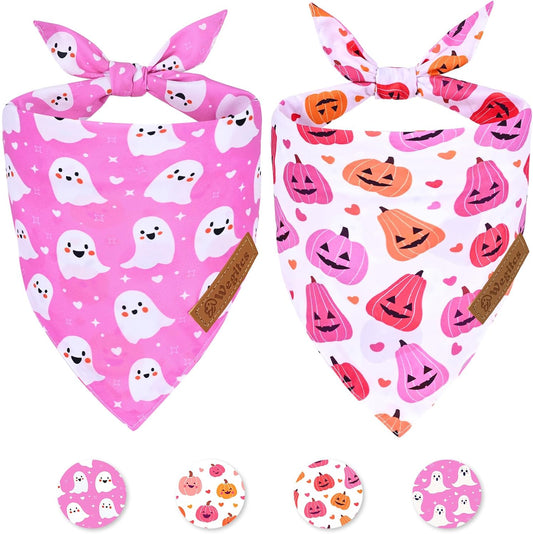 2 Pack Halloween Dog Bandanas,Leather Brand Logo, Double-Layed Soft Skin-Friendly Fabric, Autumn Scarf Accessory for Boys & Girls,Suitable for Halloween, Daily Walks & Family Outings