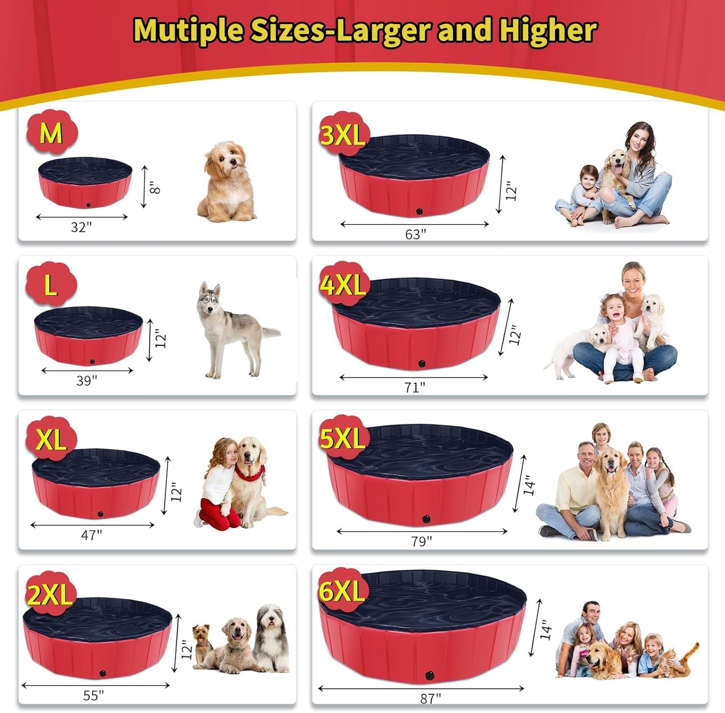 Foldable Dog Pool, 39" x 12" Kiddie Pool with Hard Plastic, Non-Slip Dog Bath Tub for Outdoor Backyard, Collapsible Dog Swimming Pool for Kids Dogs Pets (Red)