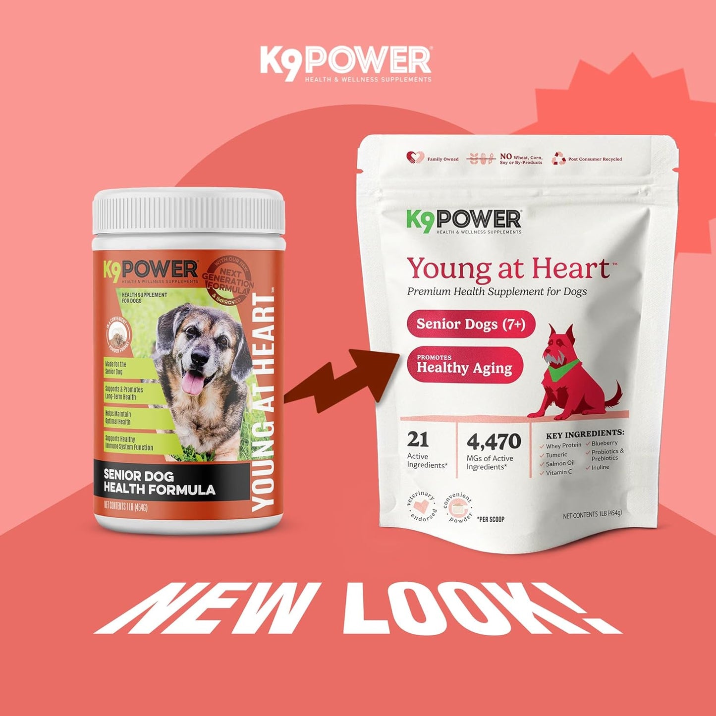K9 Power Young at Heart Senior Dog Multivitamin 1 lb – Supplement for Brain Heart, Vision & Mobility Support in Senior Dogs - Pack of 2