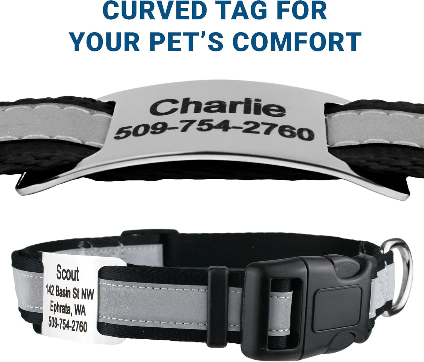 GoTags Reflective Personalized Dog Collar with Nameplate, Adjustable Dog Collar with Custom Engraved Steel Slide On Pet ID Tag, Silent, No Noise Dog Tag for Large Medium or Small (Black, Small)