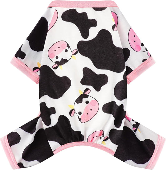 Dog Pajamas Small Sized Dogs Stretchable Summer Dog Clothes Pjs 4 Legs Girl Boy Cute Soft Puppy Outfits Doggie Cat Jammies Jumpsuit Sleeper for Pet, Pink Cow, M