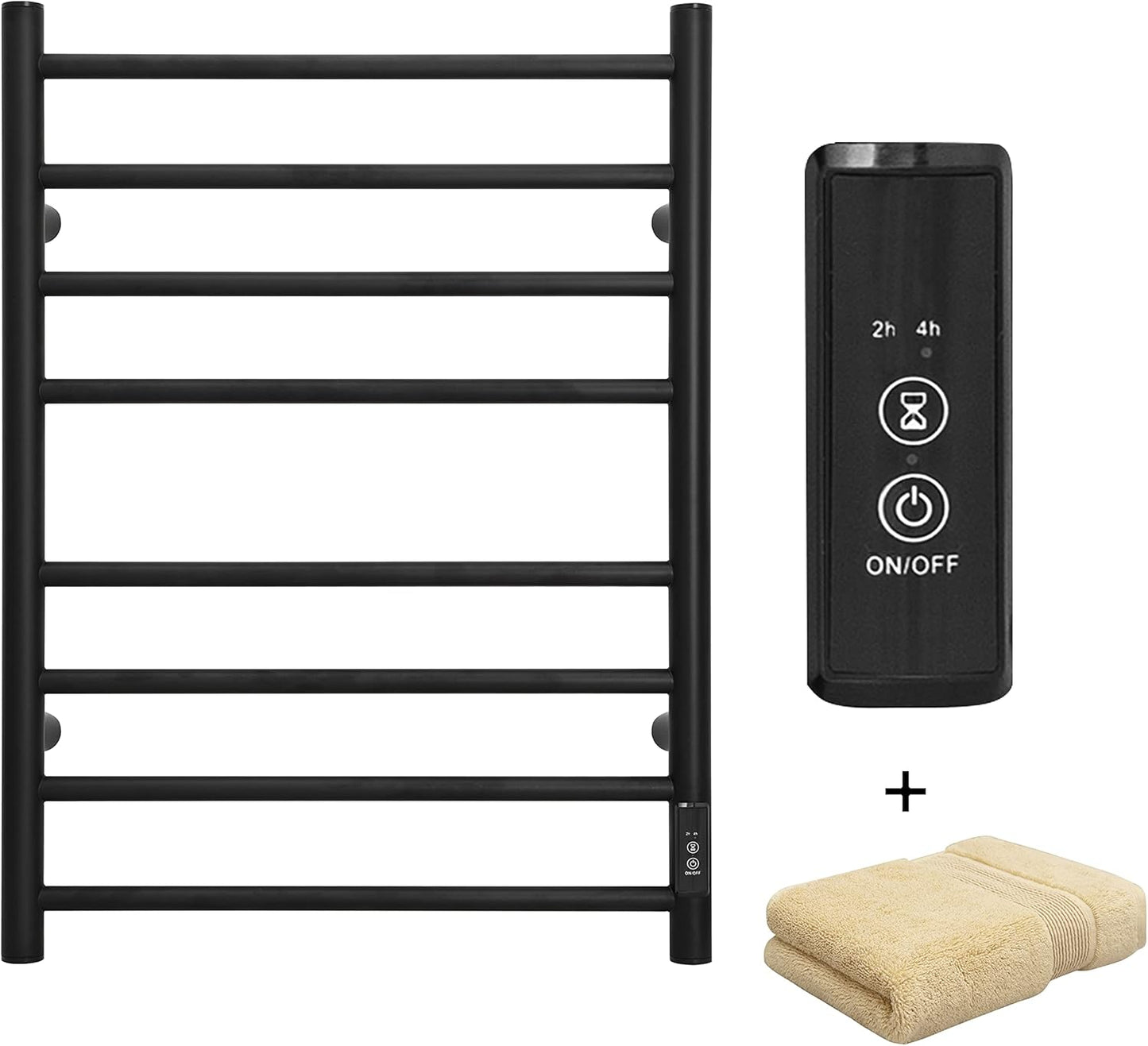 KEG Towel Warmer Wall Mounted with Built-in Timer 8 Bars Electric Stainless Steel Heated Towel Racks for Bathroom, Hot Plug-in Bath Towel Heater Matte Black (TW-8-MB)