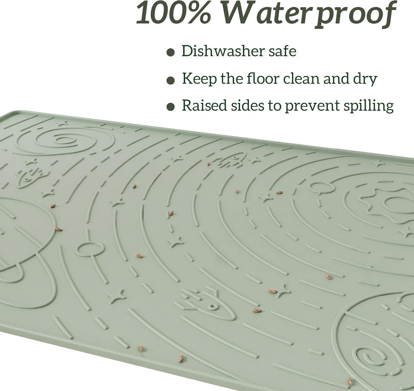 OHMO Dog Food Mat, Silicone Waterproof Cat Food Mat, Non-Skid Spill Proof Pet Feeding Mat for Food and Water, Easy to Clean Dog Placemat(Sage Green, 23.6" x 15.8")