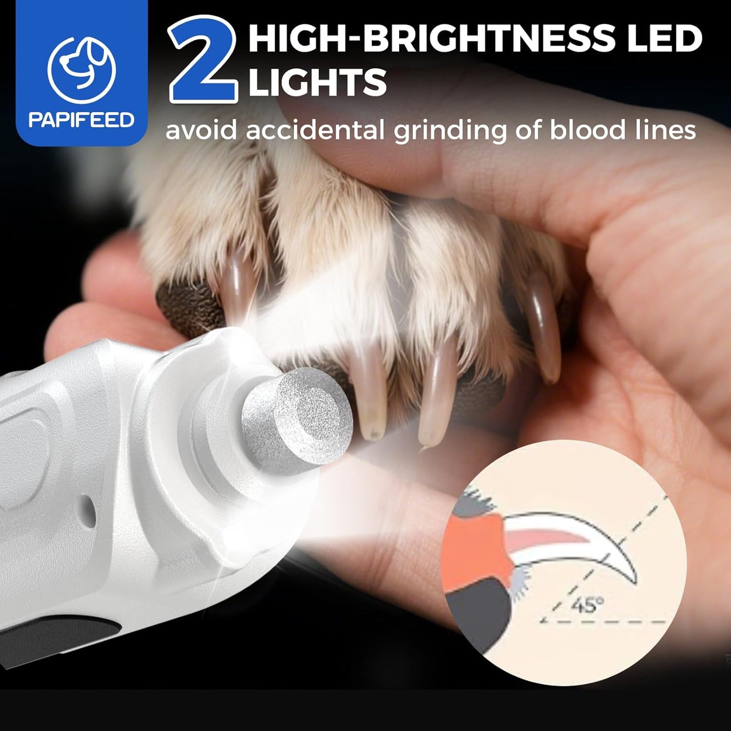 PAPIFEED High Torque Dog Nail Grinder Quiet - 6-Speed Adjustable Dog Nail Trimmers with 2 LED Lights & Dust-Proof Cover, Powerful Motor for Large/Medium/Small Dogs & Cats, Rechargeable - White Kit