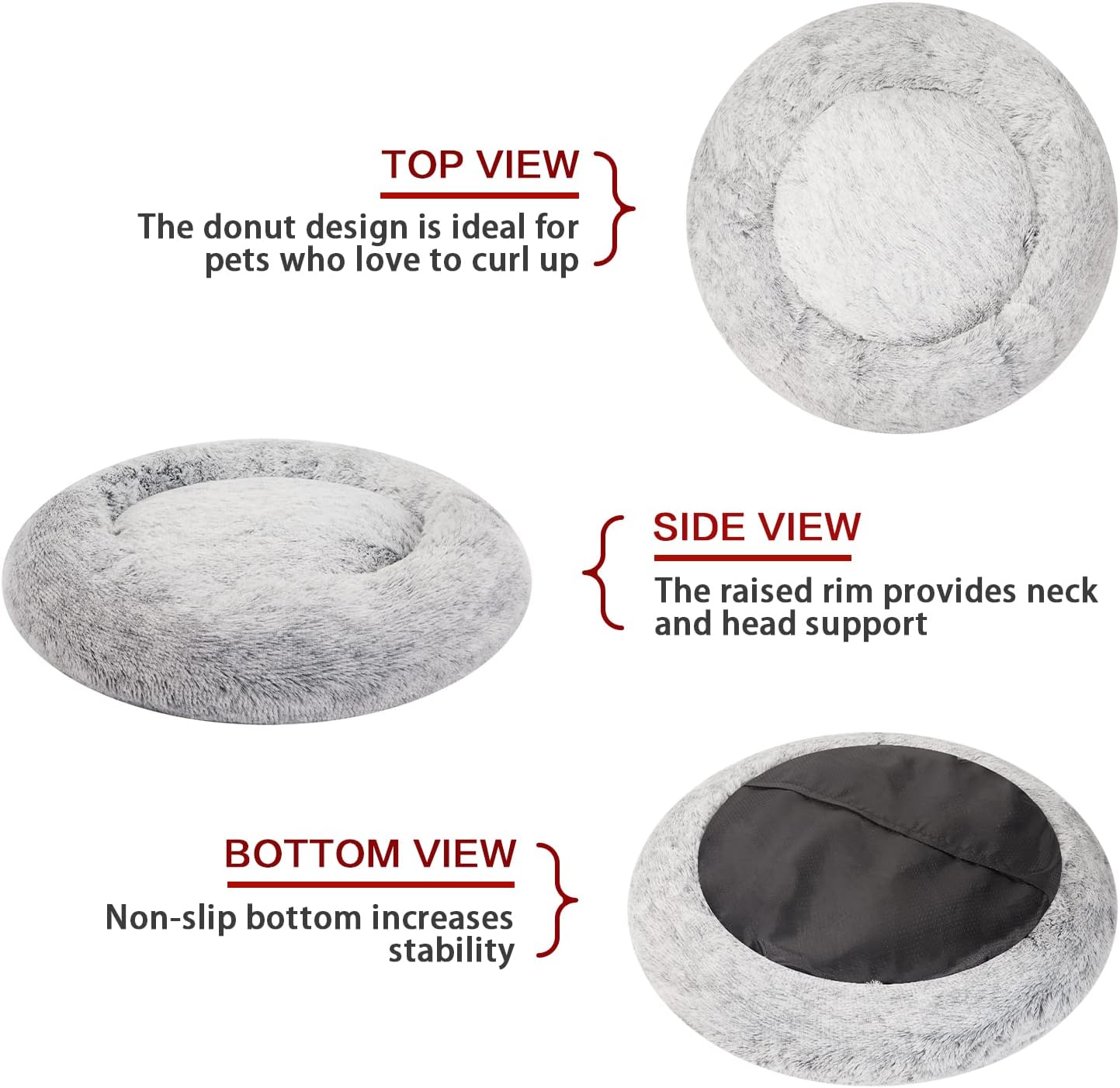 Bedfolks Calming Donut Dog Bed, 36 Inches Round Fluffy for Large Dogs, Anti-Anxiety Plush, Machine Washable (Dark Grey, Large)