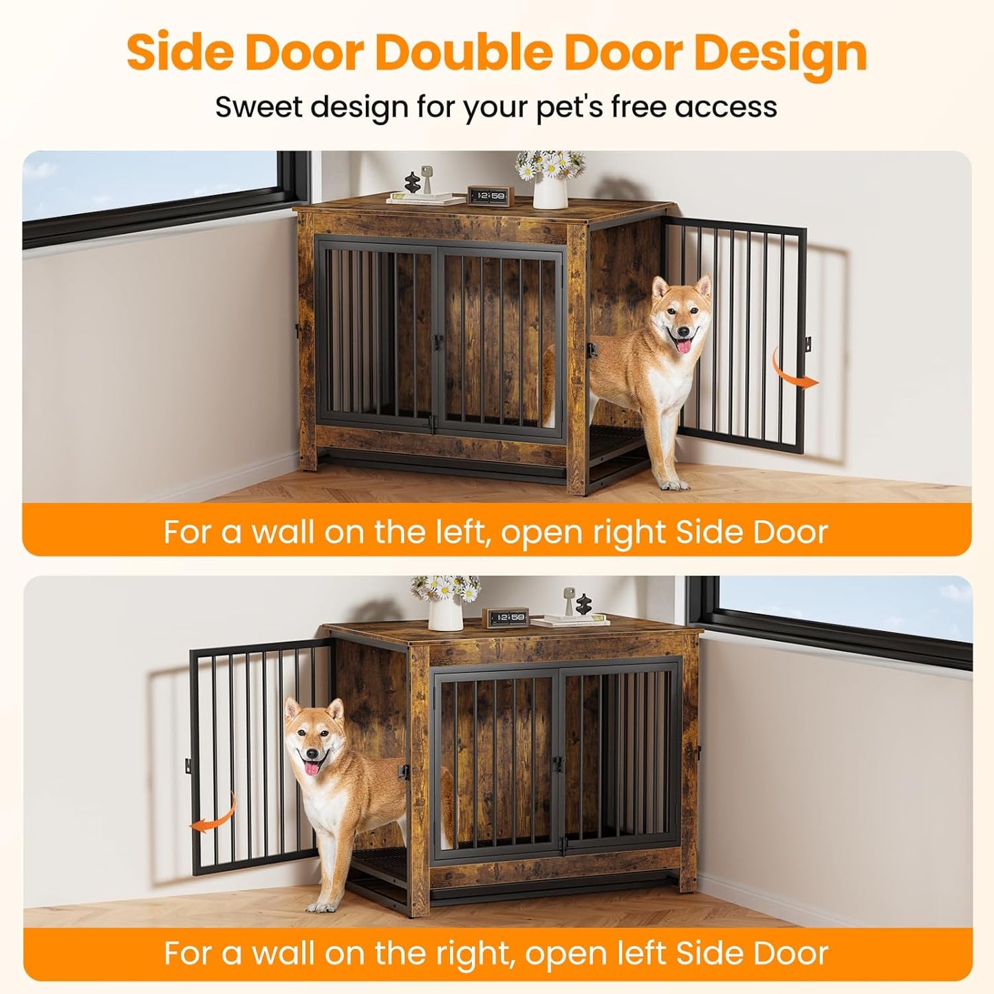 Dog Crate Furniture, Dog Crate End Table for Medium and Large Dogs,Wooden Cage Kennel Furniture Indoor, Modern Dog Crate with Multi-Purpose Removable Tray, Double-Doors Dog Furniture