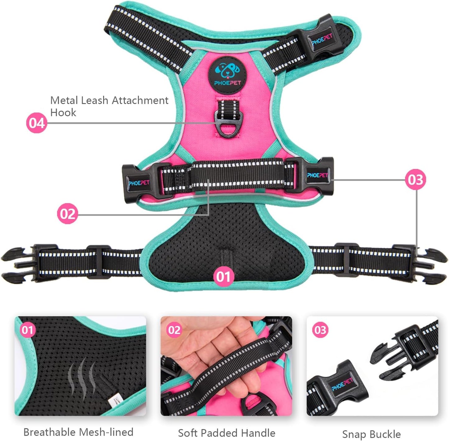 PHOEPET 2019 Upgraded No Pull Dog Harness, Reflective Adjustable Vest, with a Training Handle + 2 Metal Leash Hooks+ 3 Snap Buckles +4 Slide Buckles(M, Pink)