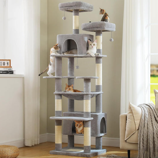 PAWZ Road Heavy Duty Cat Tree for Large Cats, 81 Inches Tall Cat Tower with 2 Perches, 2 Condos and Spacious Hammock, XL Extra Large Condo with 7 Scratching Posts for 20lb+ Adult Cats,Gray